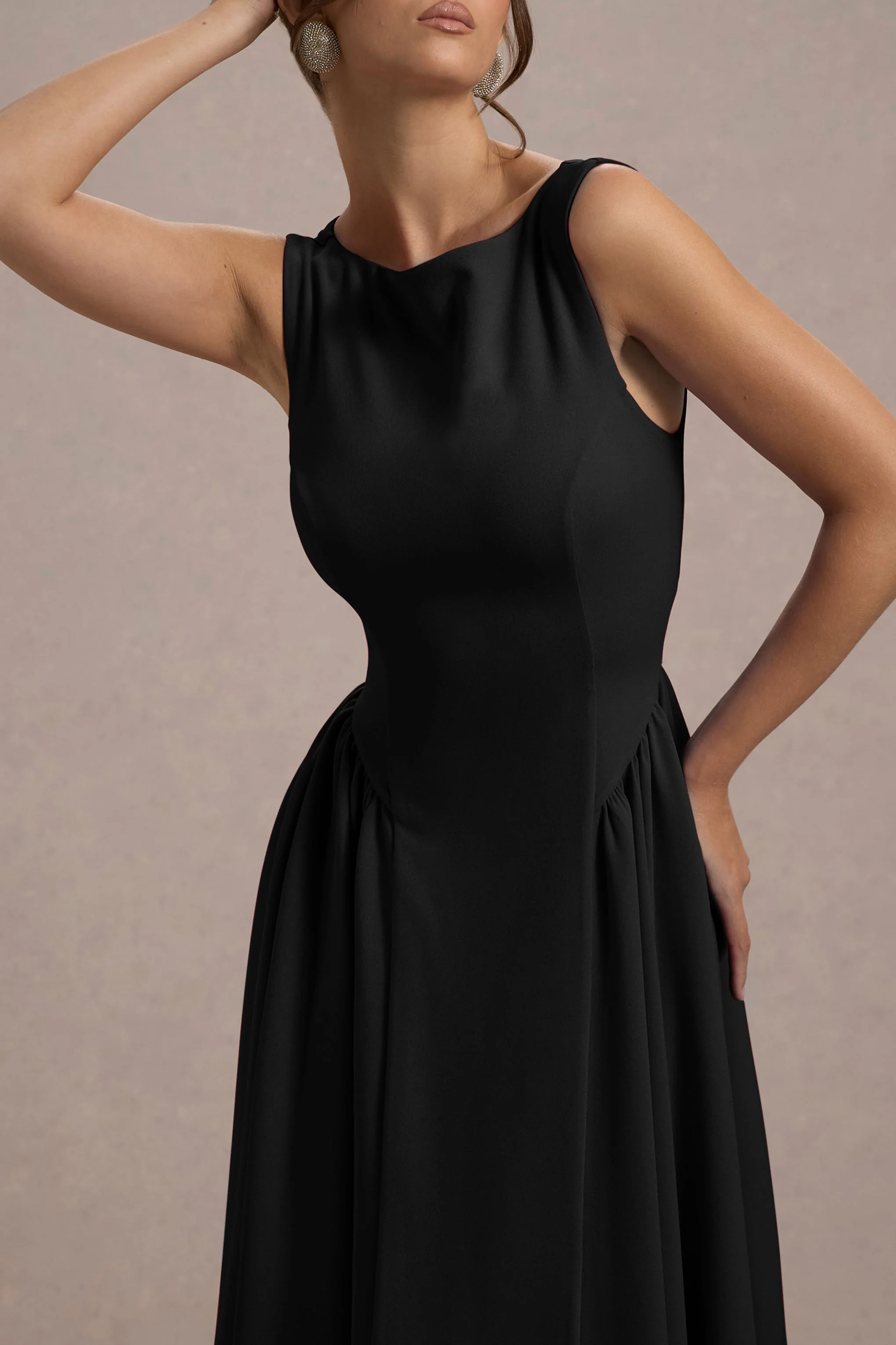 Muriel | Black Boat-Neck Volume-Hem Midi Dress - Image 5