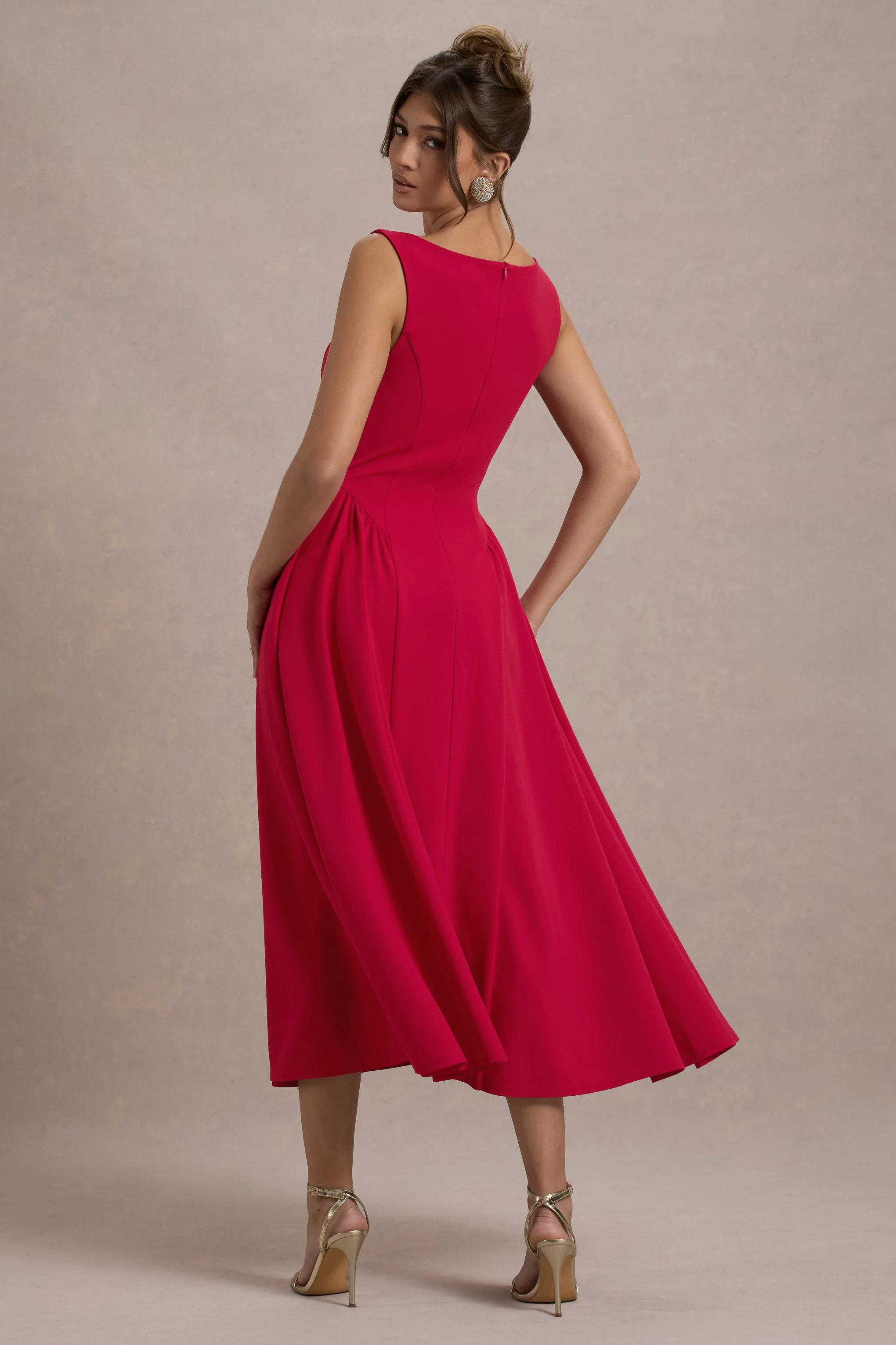 Muriel | Red Boat-Neck Volume-Hem Midi Dress - Image 2