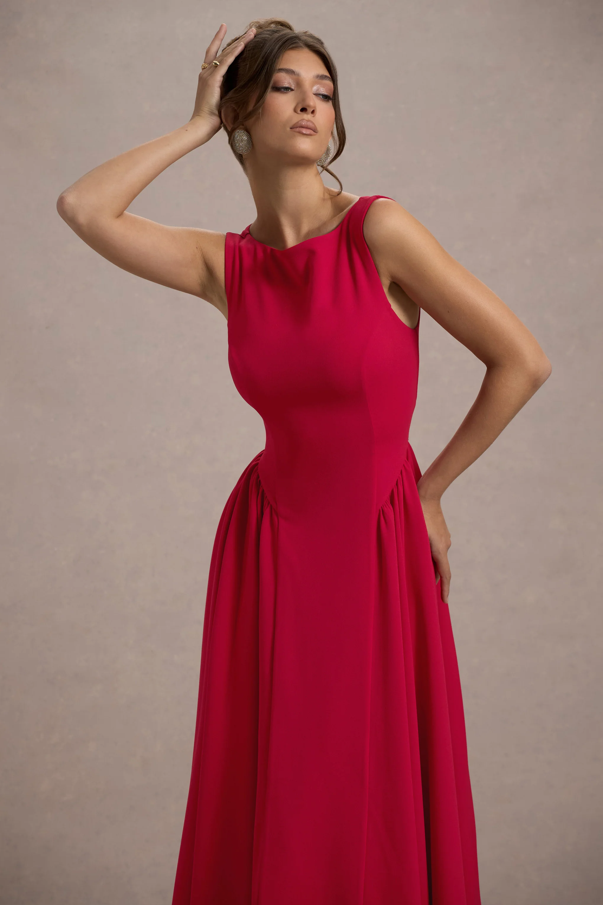 Muriel | Red Boat-Neck Volume-Hem Midi Dress - Image 3