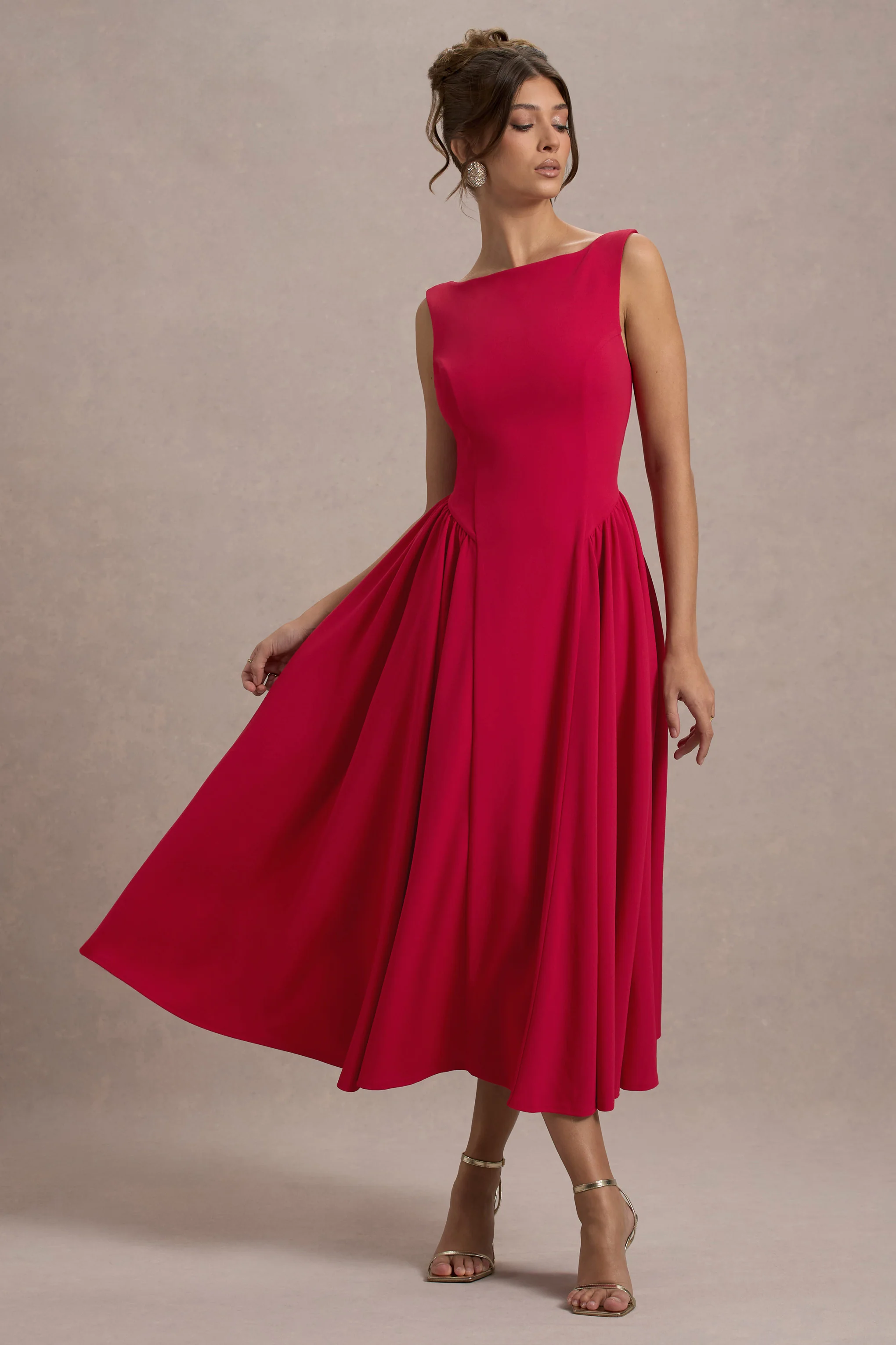 Muriel | Red Boat-Neck Volume-Hem Midi Dress - Image 5