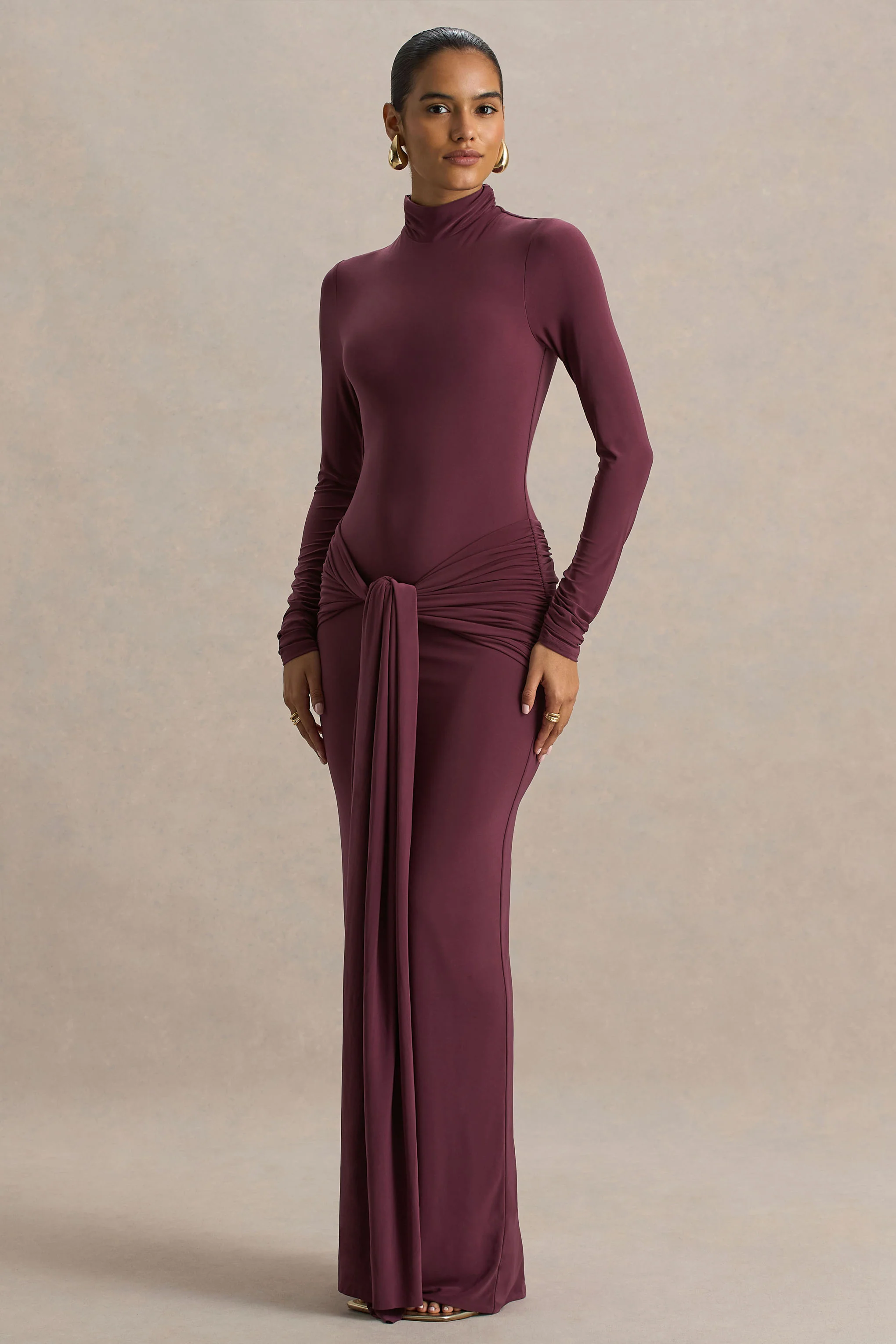 Myra | Burgundy High-Neck Maxi Dress With Sash and Ruched Detailing - Image 3