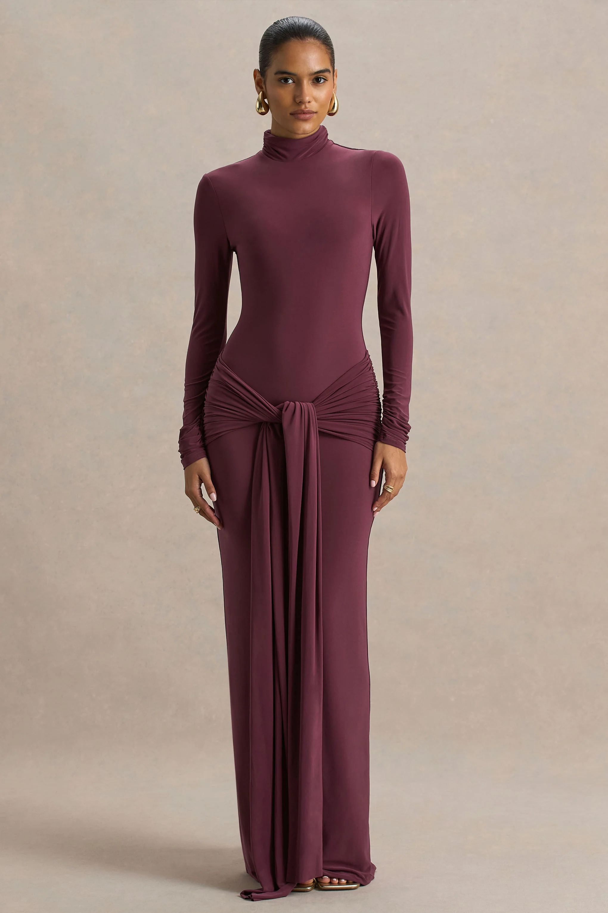 Myra | Burgundy High-Neck Maxi Dress With Sash and Ruched Detailing - Image 4