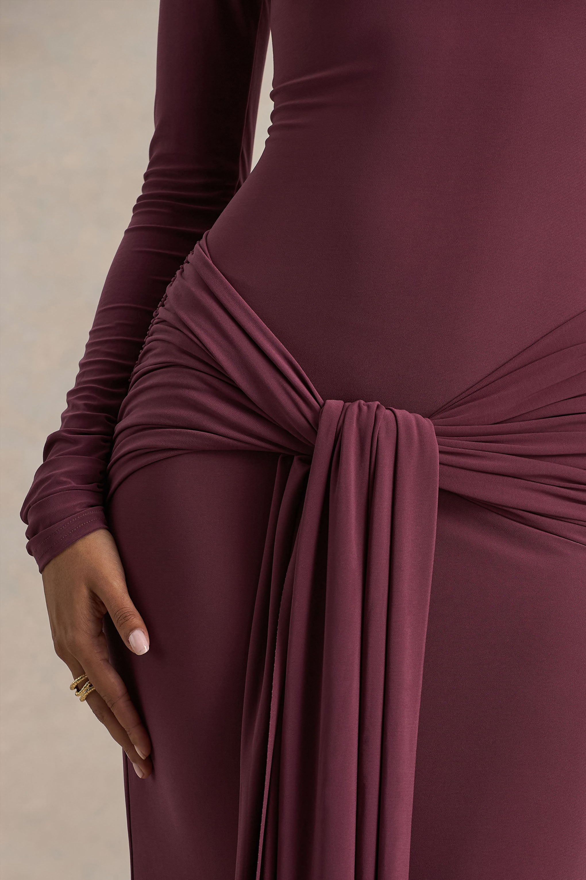 Myra | Burgundy High-Neck Maxi Dress With Sash and Ruched Detailing - Image 5