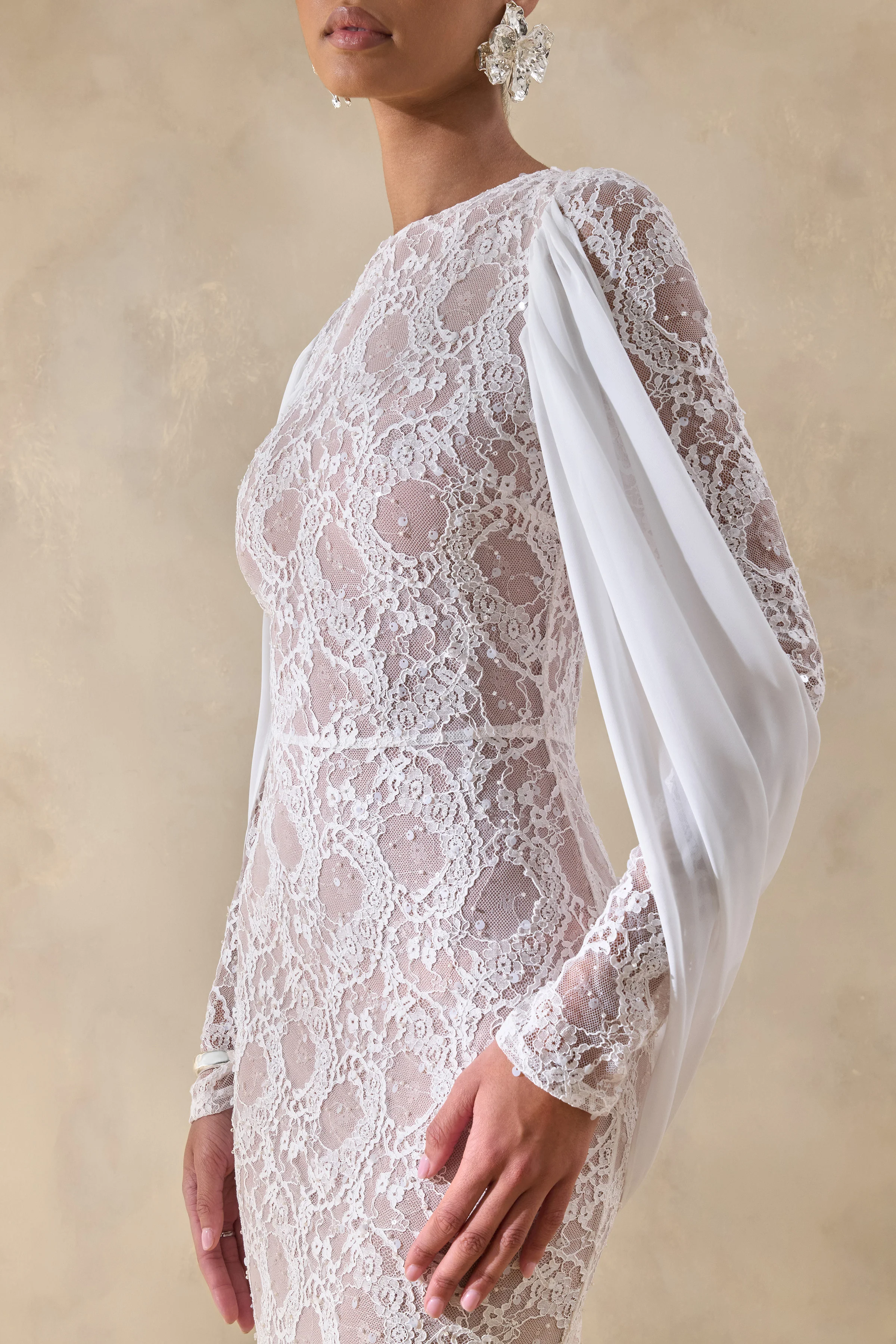 Nabina | White Lace Crew-Neck Maxi Dress With Draped Back-Detail - Image 3