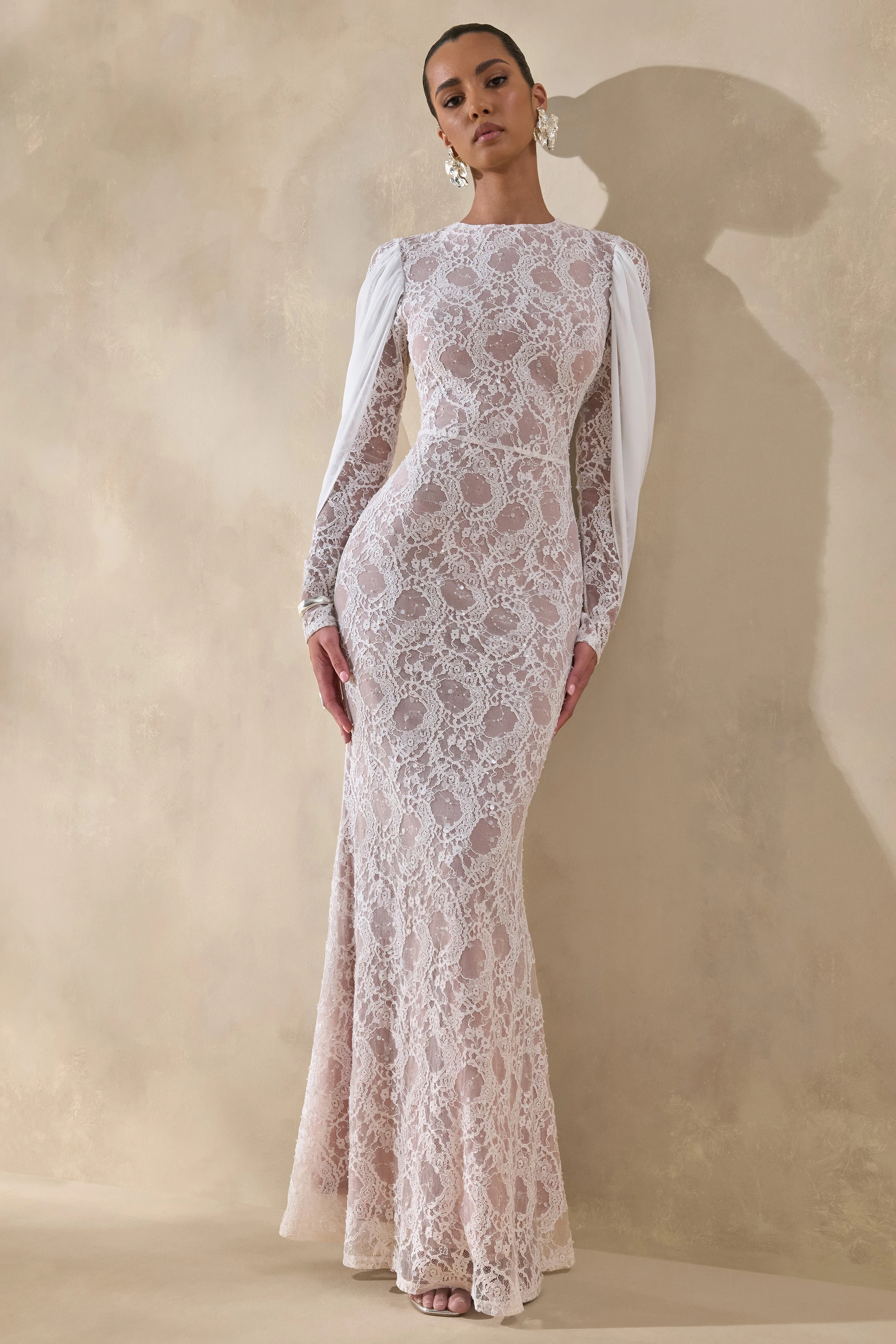 Nabina | White Lace Crew-Neck Maxi Dress With Draped Back-Detail - Image 5