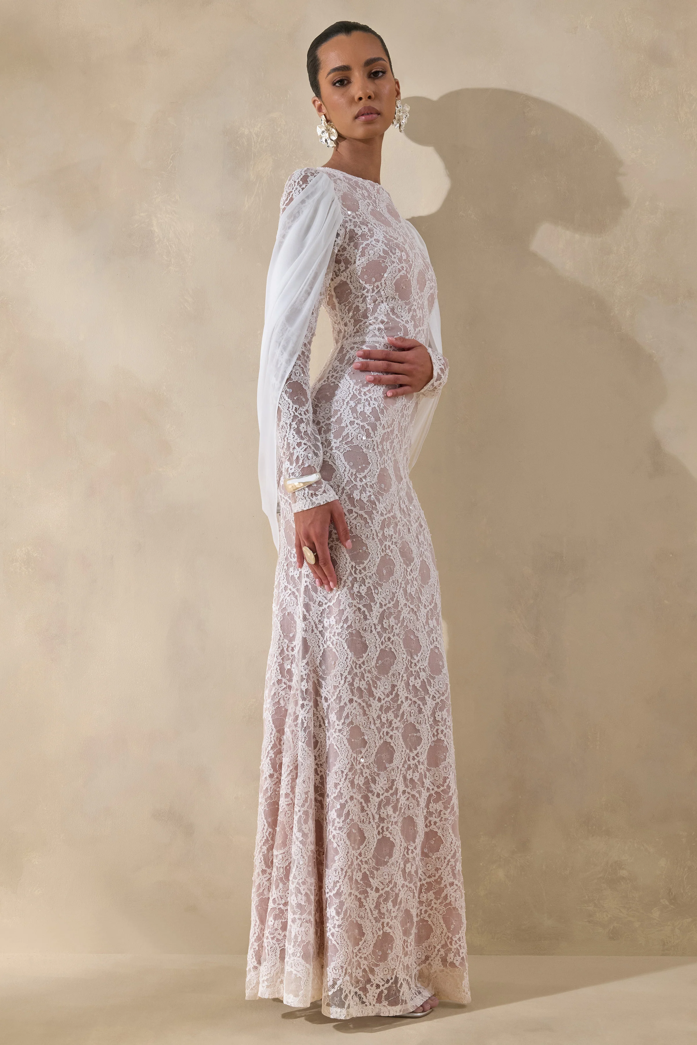Nabina | White Lace Crew-Neck Maxi Dress With Draped Back-Detail - Image 6
