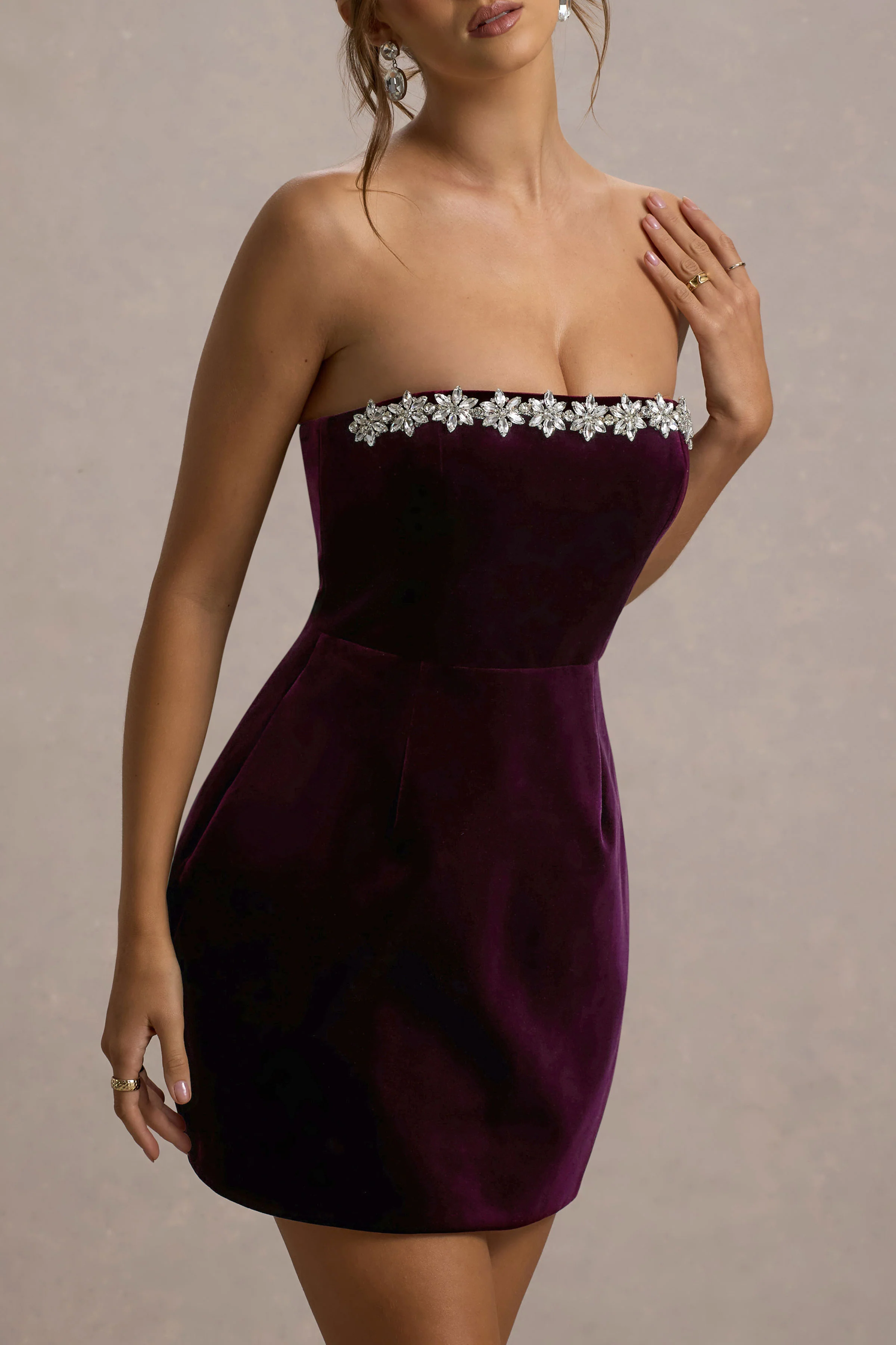 Naia | Port Velvet Embellished Bandeau Mini Dress - Image 3