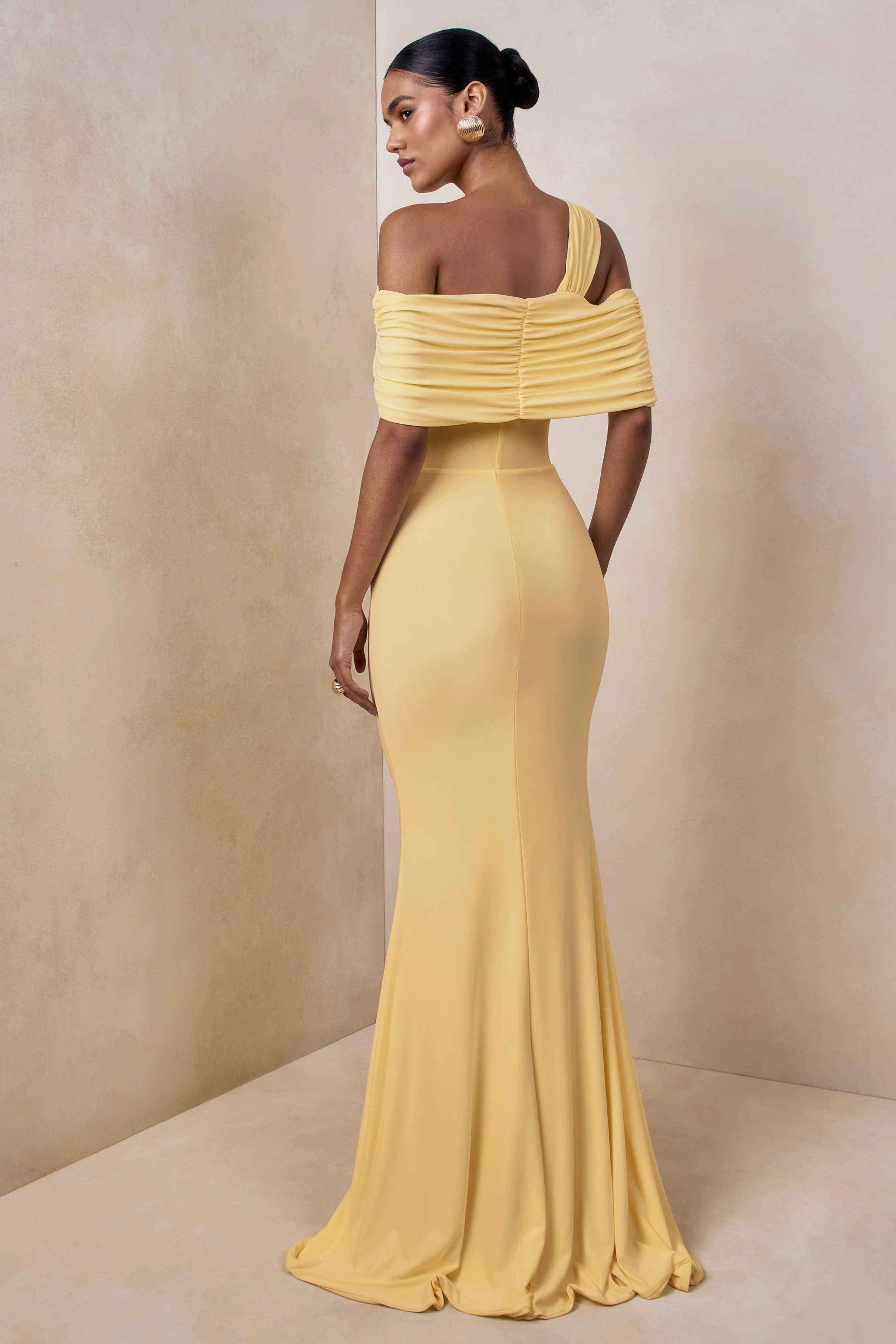 Nala | Lemon Asymmetric-Neck Maxi Dress With Gathered Detailing - Image 2