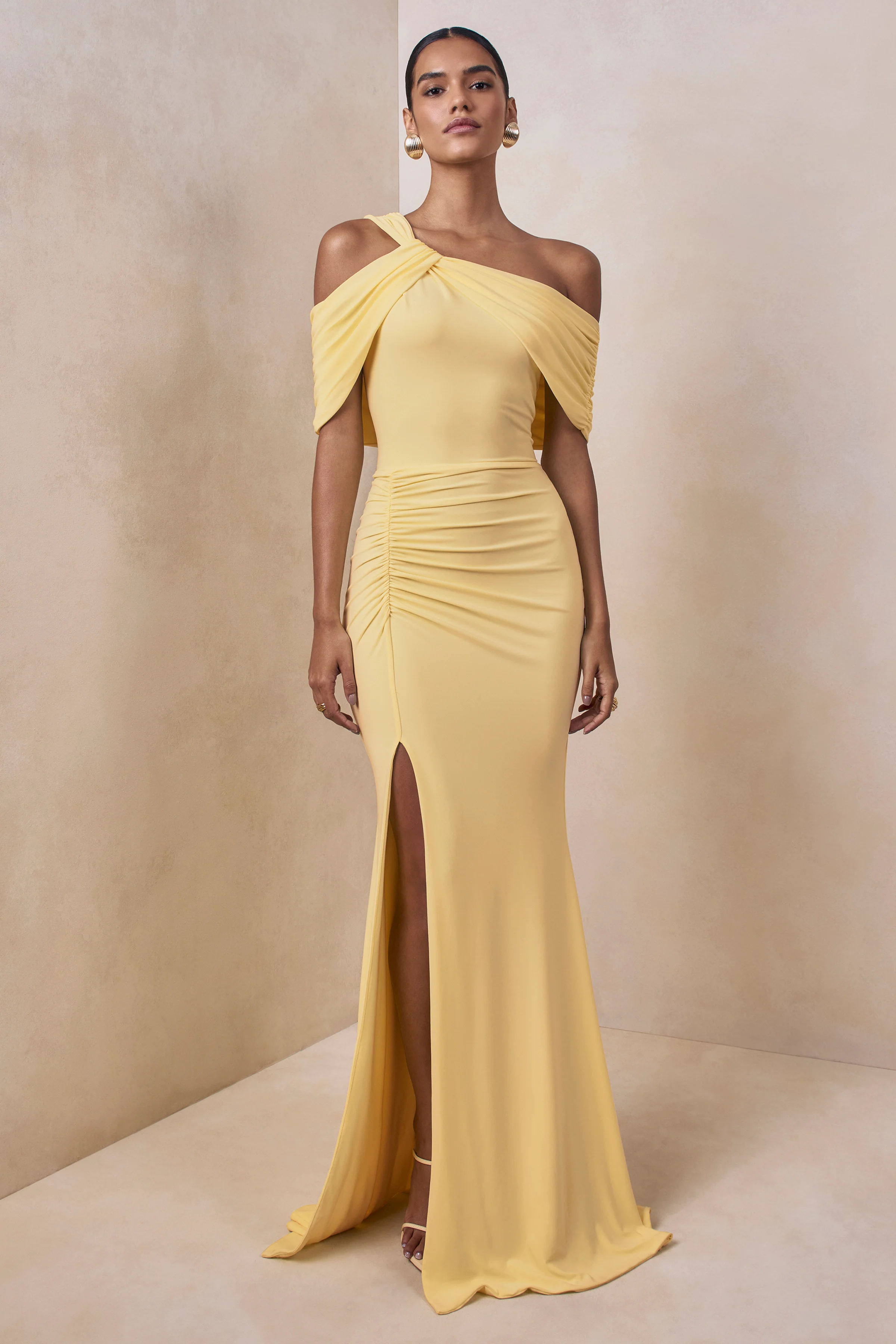 Nala | Lemon Asymmetric-Neck Maxi Dress With Gathered Detailing - Image 4
