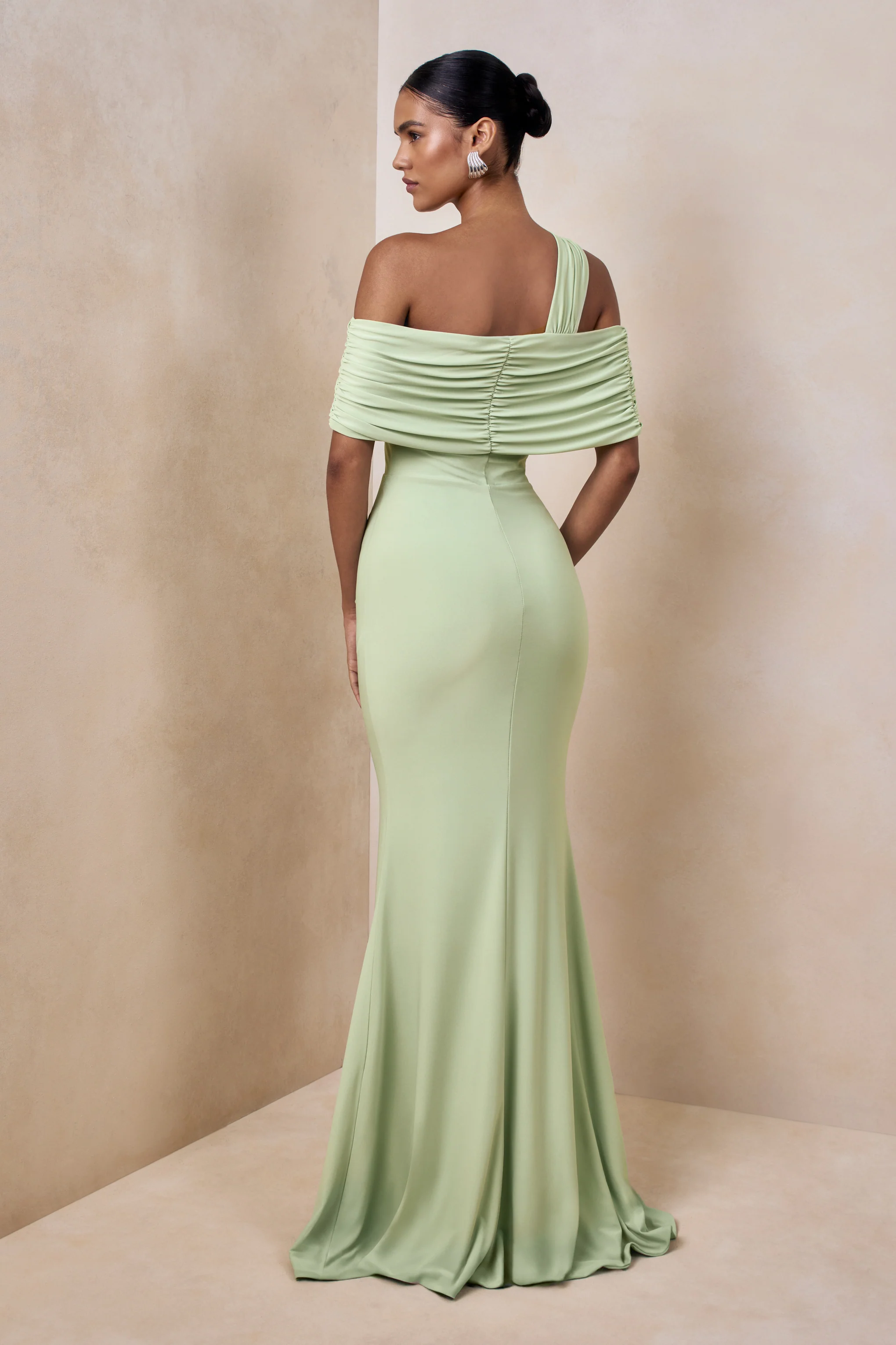 Nala | Mint Asymmetric-Neck Maxi Dress With Gathered Detailing - Image 2