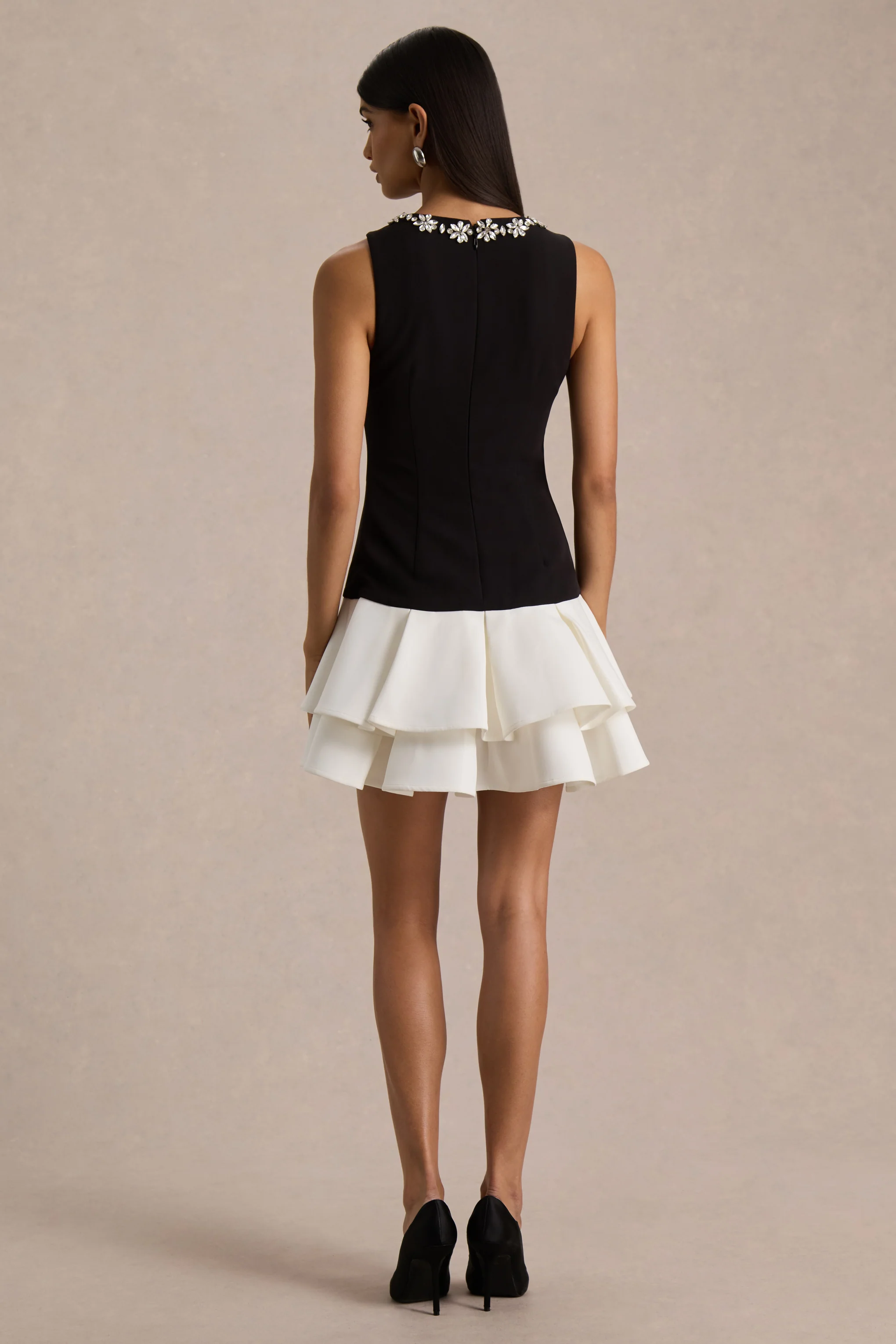 Nalani | Black And White Crew-Neck Mini Dress With Embellishment And Ruffled Detailing - Image 2
