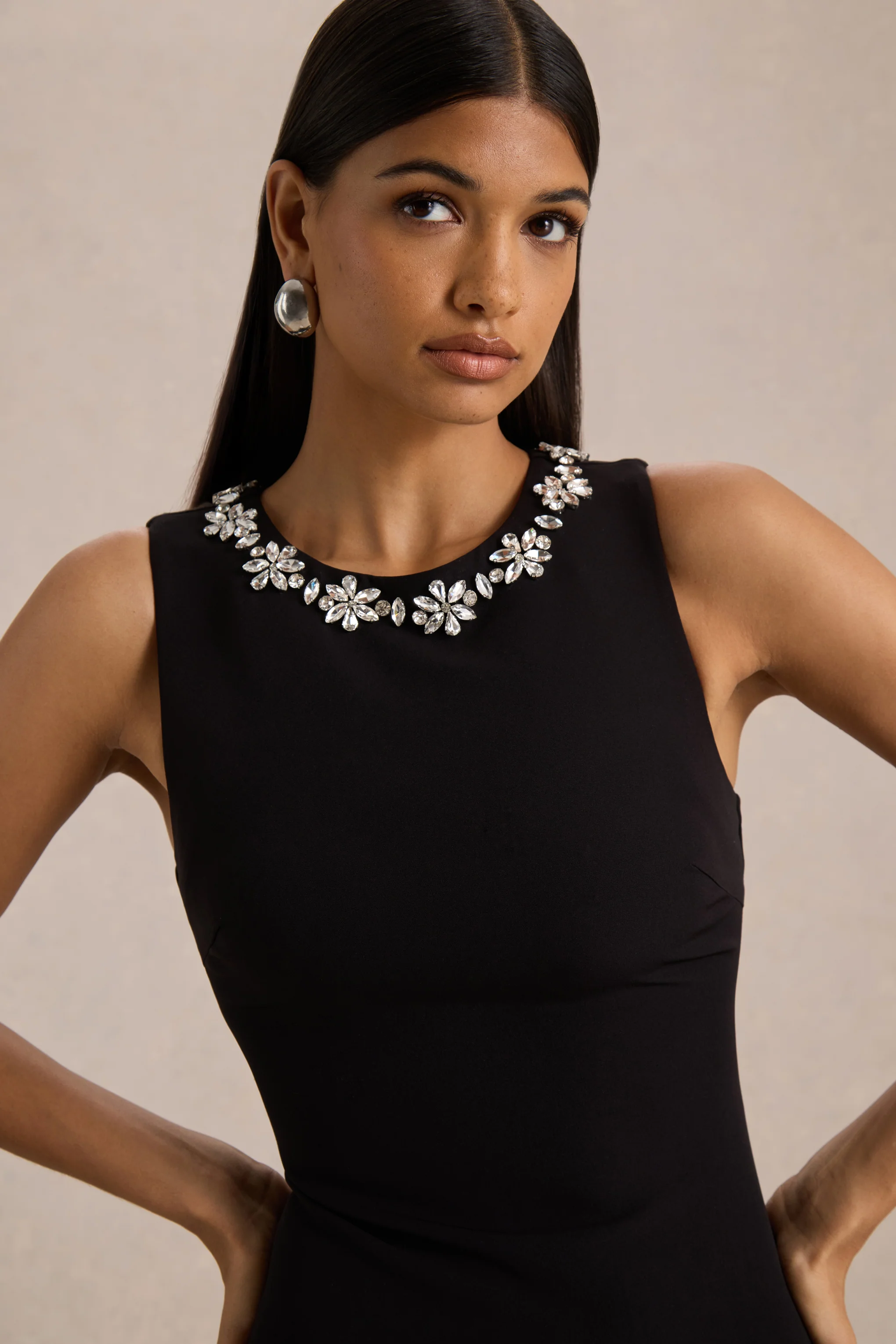 Nalani | Black And White Crew-Neck Mini Dress With Embellishment And Ruffled Detailing - Image 3