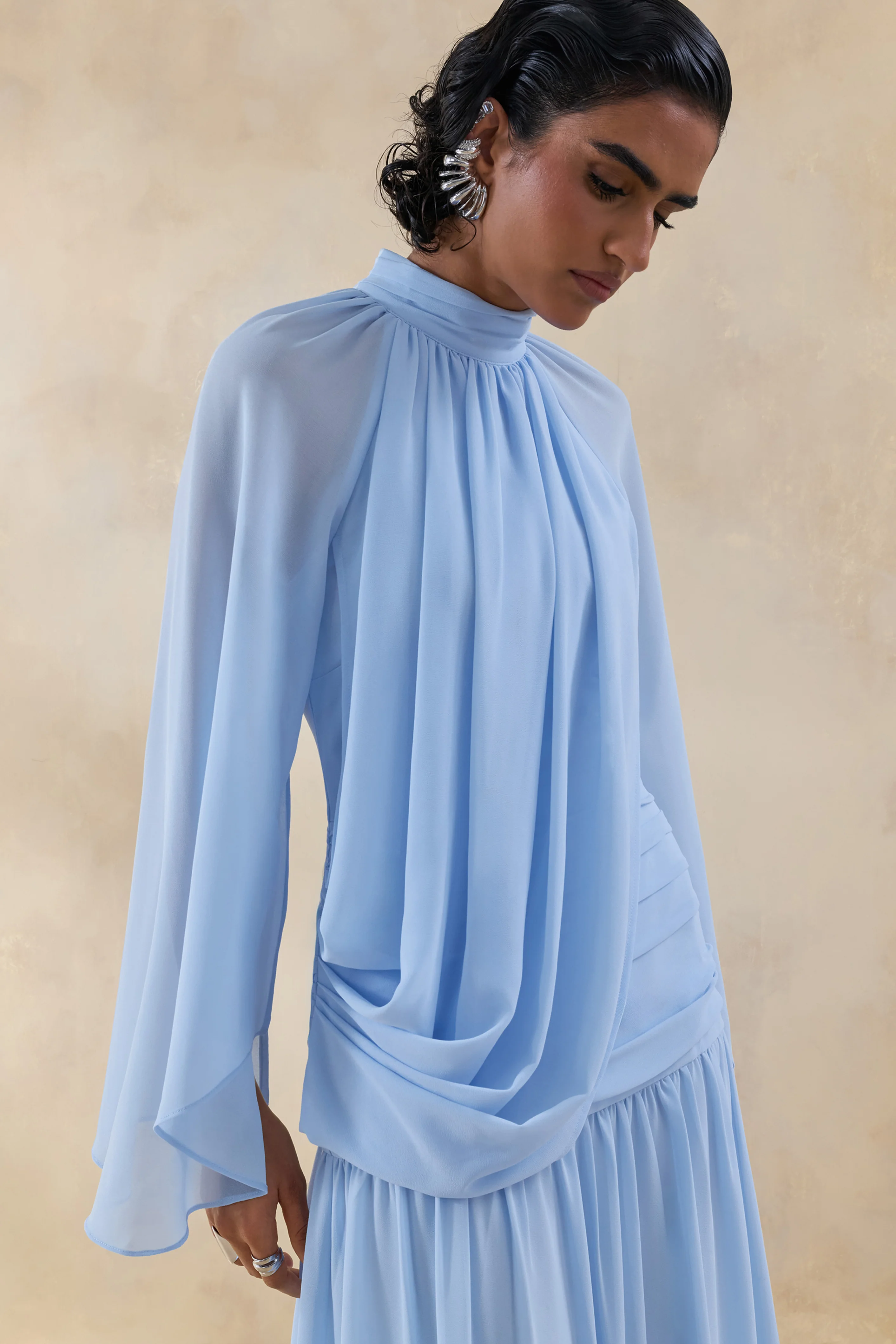 Narella | Blue Chiffon High-Neck Maxi Dress With Draped-Detailing - Image 3