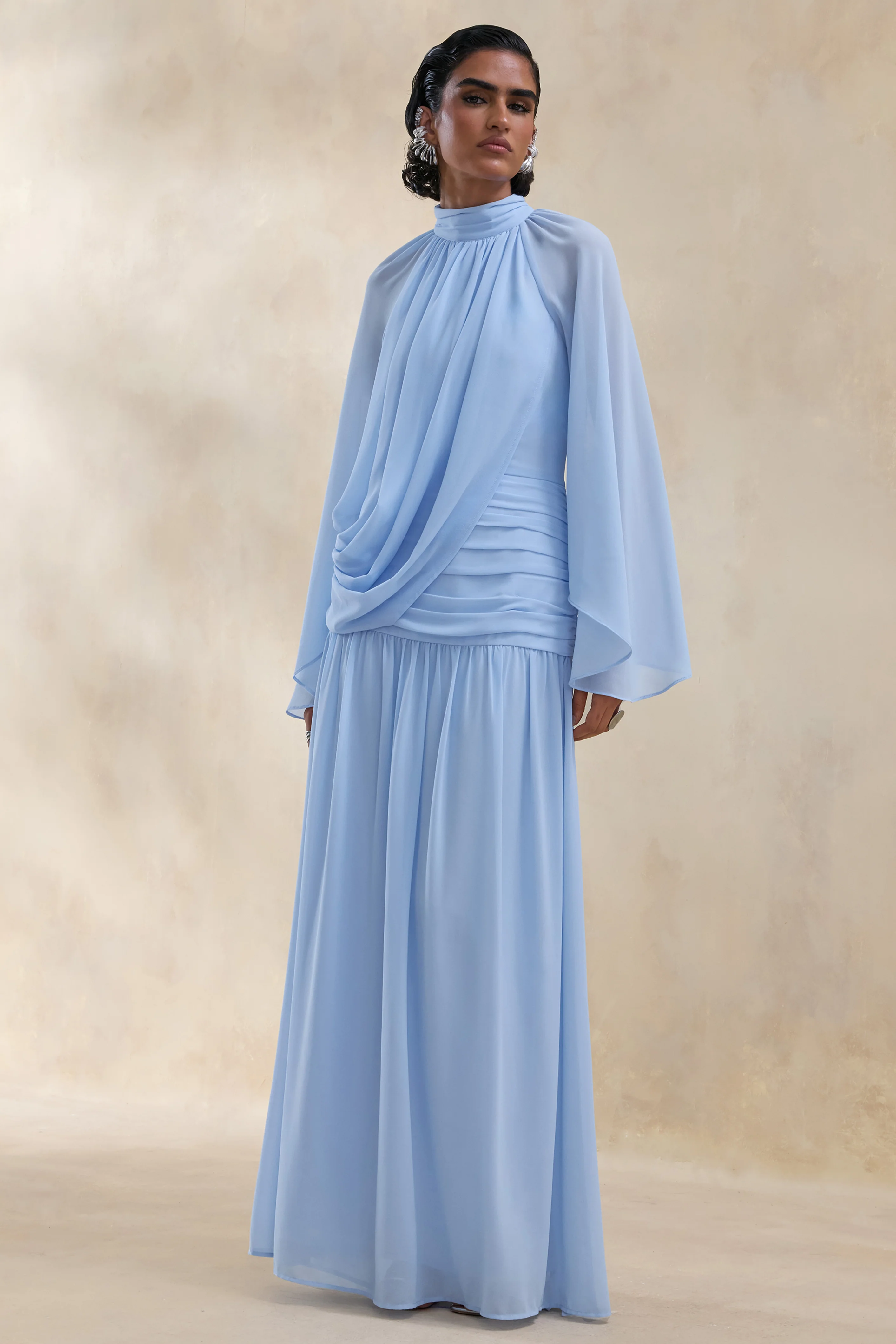 Narella | Blue Chiffon High-Neck Maxi Dress With Draped-Detailing - Image 5