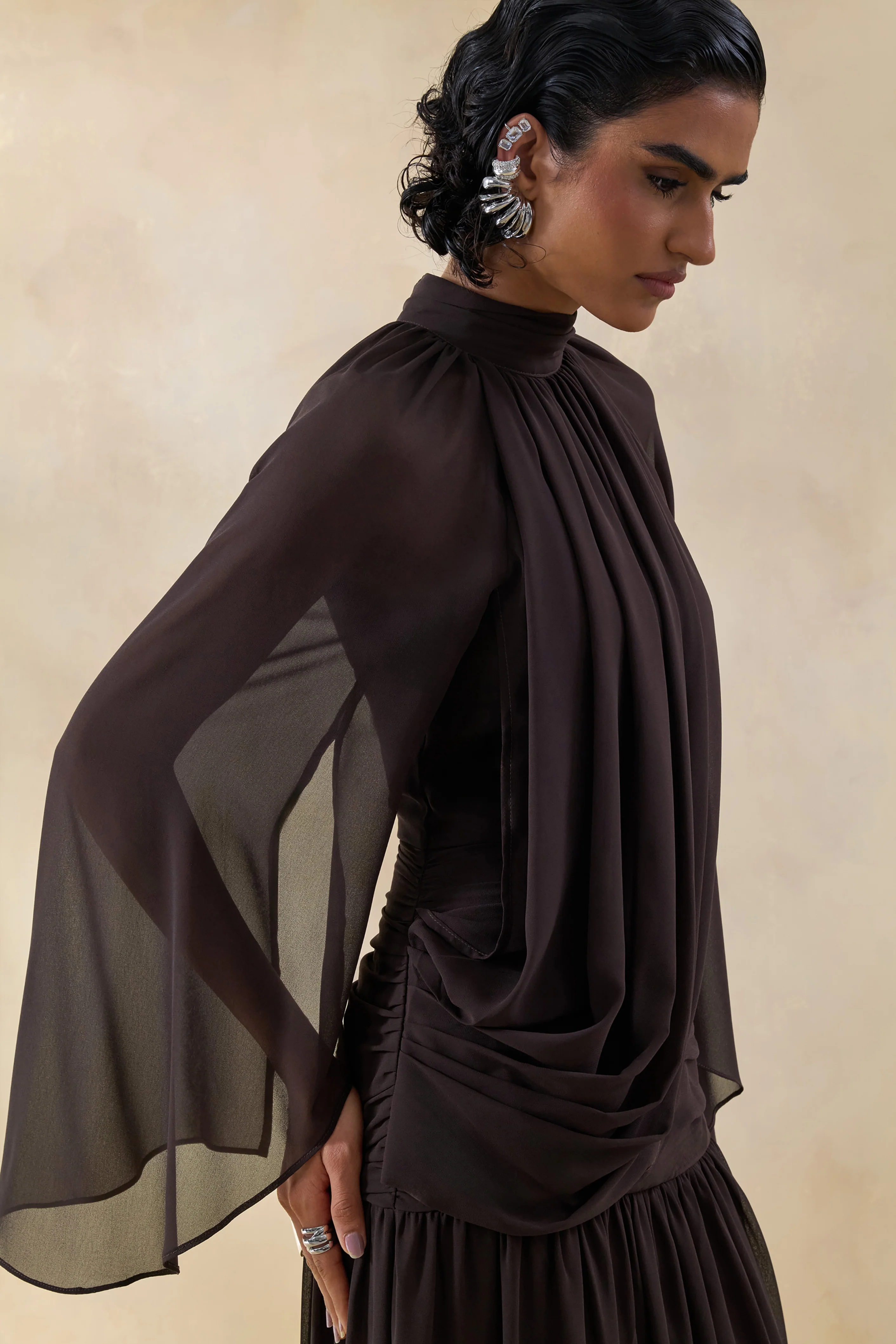 Narella | Brown Chiffon High-Neck Maxi Dress With Draped-Detailing - Image 3