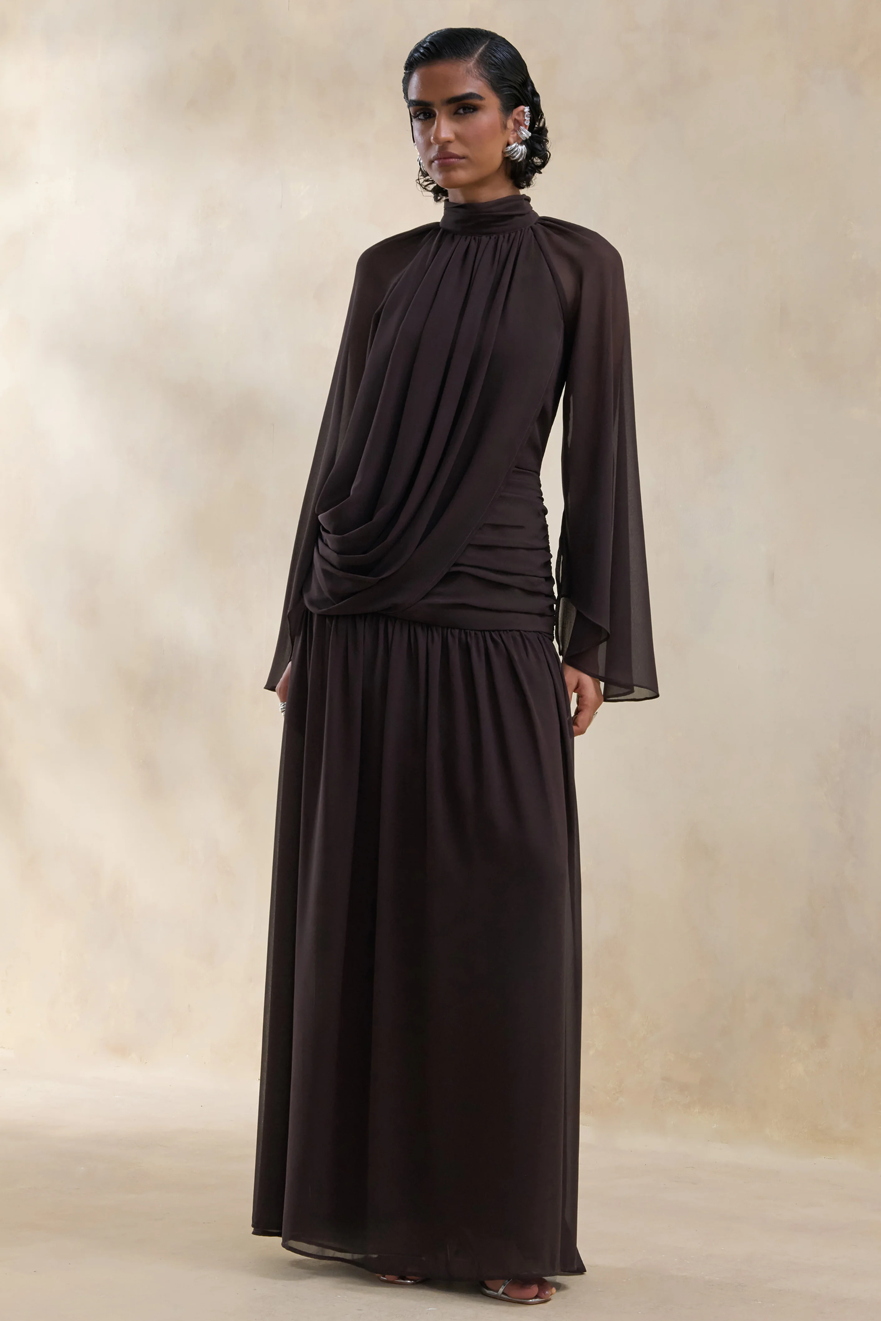 Narella | Brown Chiffon High-Neck Maxi Dress With Draped-Detailing - Image 4