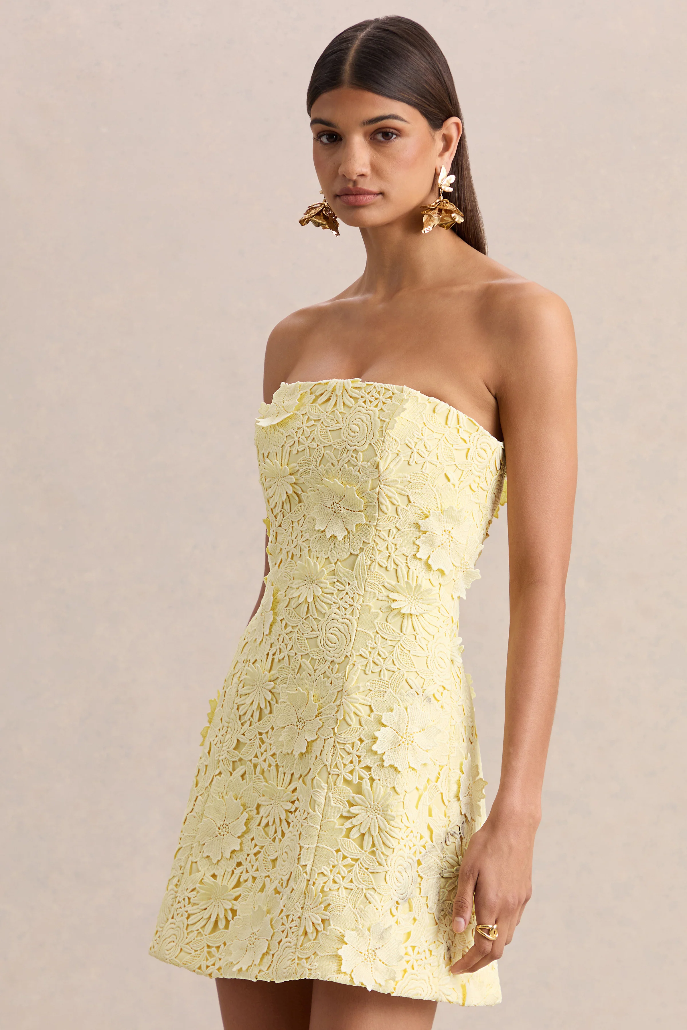 Natalie | Lemon Lace Bandeau Mini Dress - Image 4