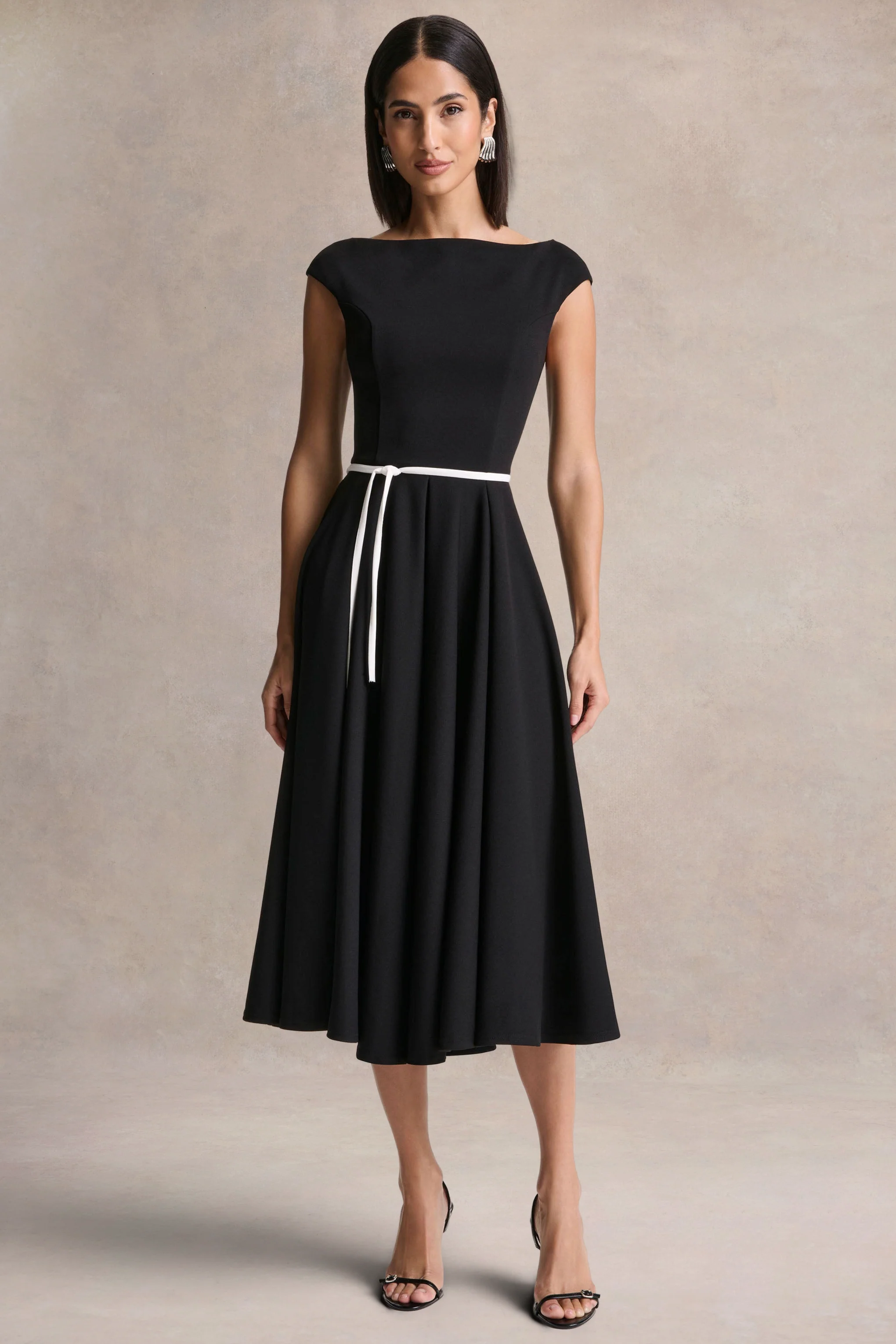 Nataline | Black Round-Neck Midi Dress With White Belt-Detail - Image 4
