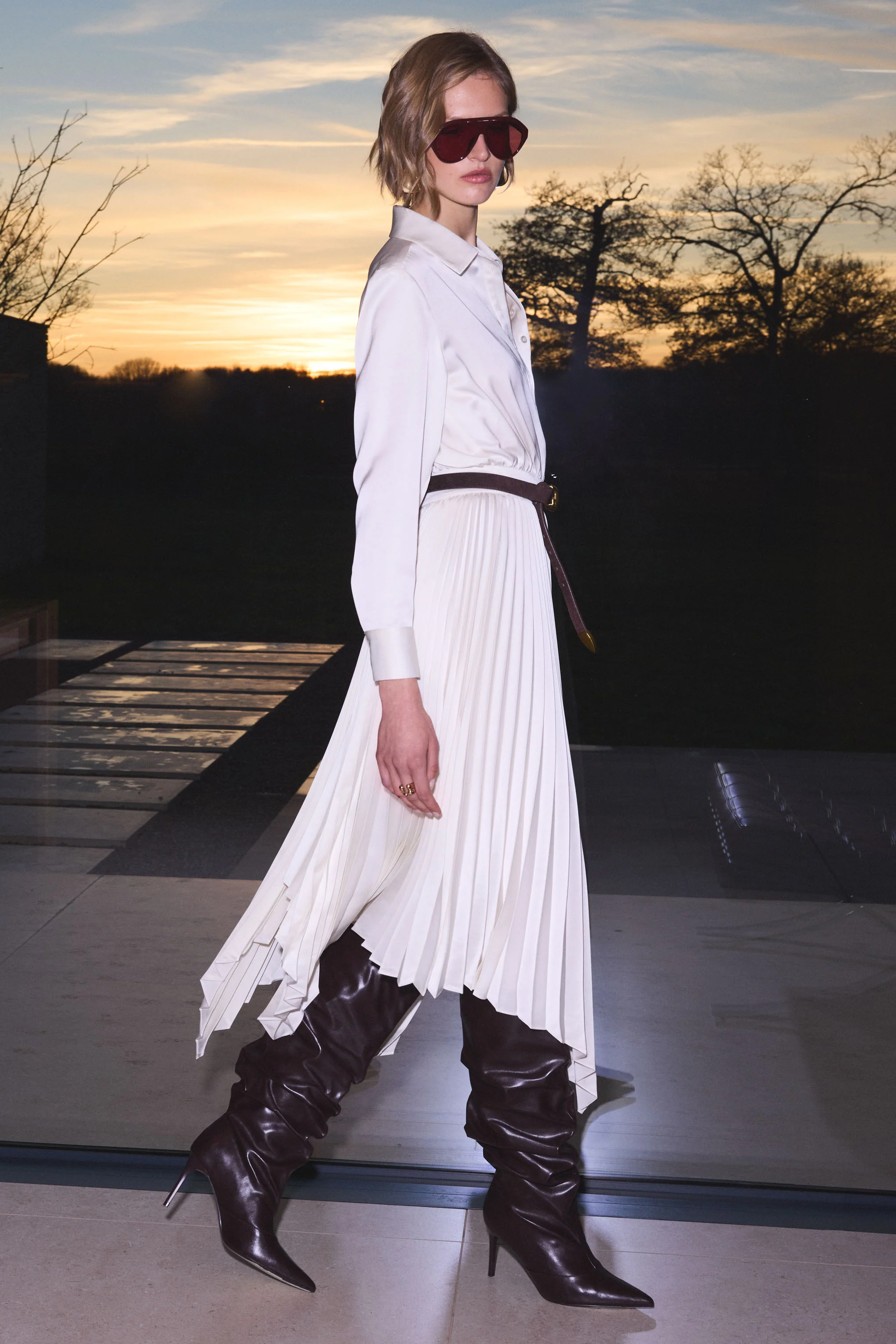 Naxos | Cream Satin Shirt Maxi Dress With Pleated Skirt - Image 2
