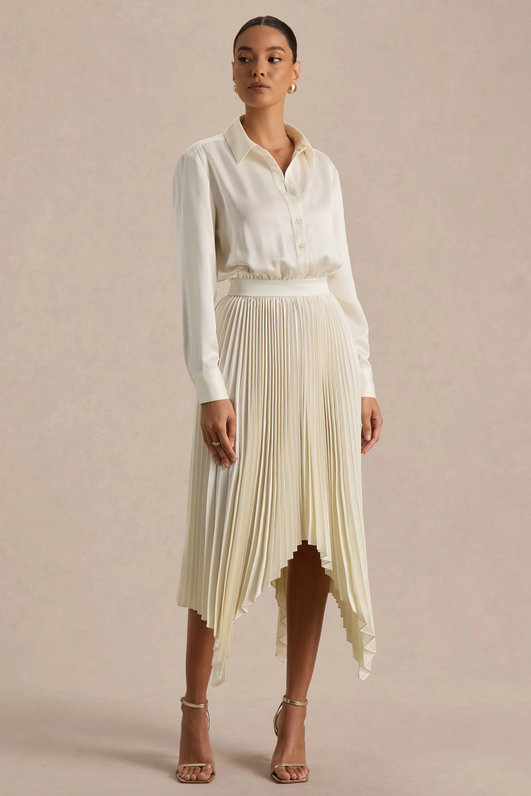 Naxos | Cream Satin Shirt Maxi Dress With Pleated Skirt - Image 3
