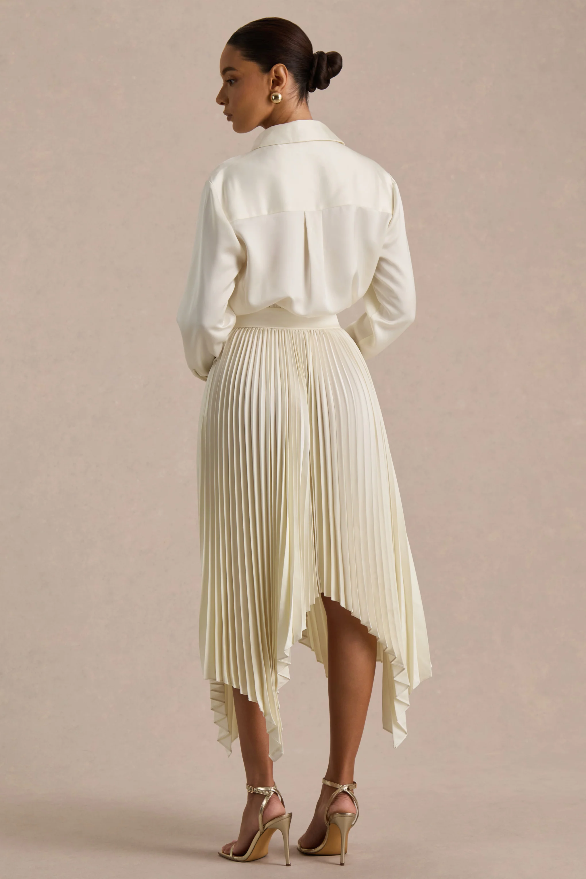 Naxos | Cream Satin Shirt Maxi Dress With Pleated Skirt - Image 4