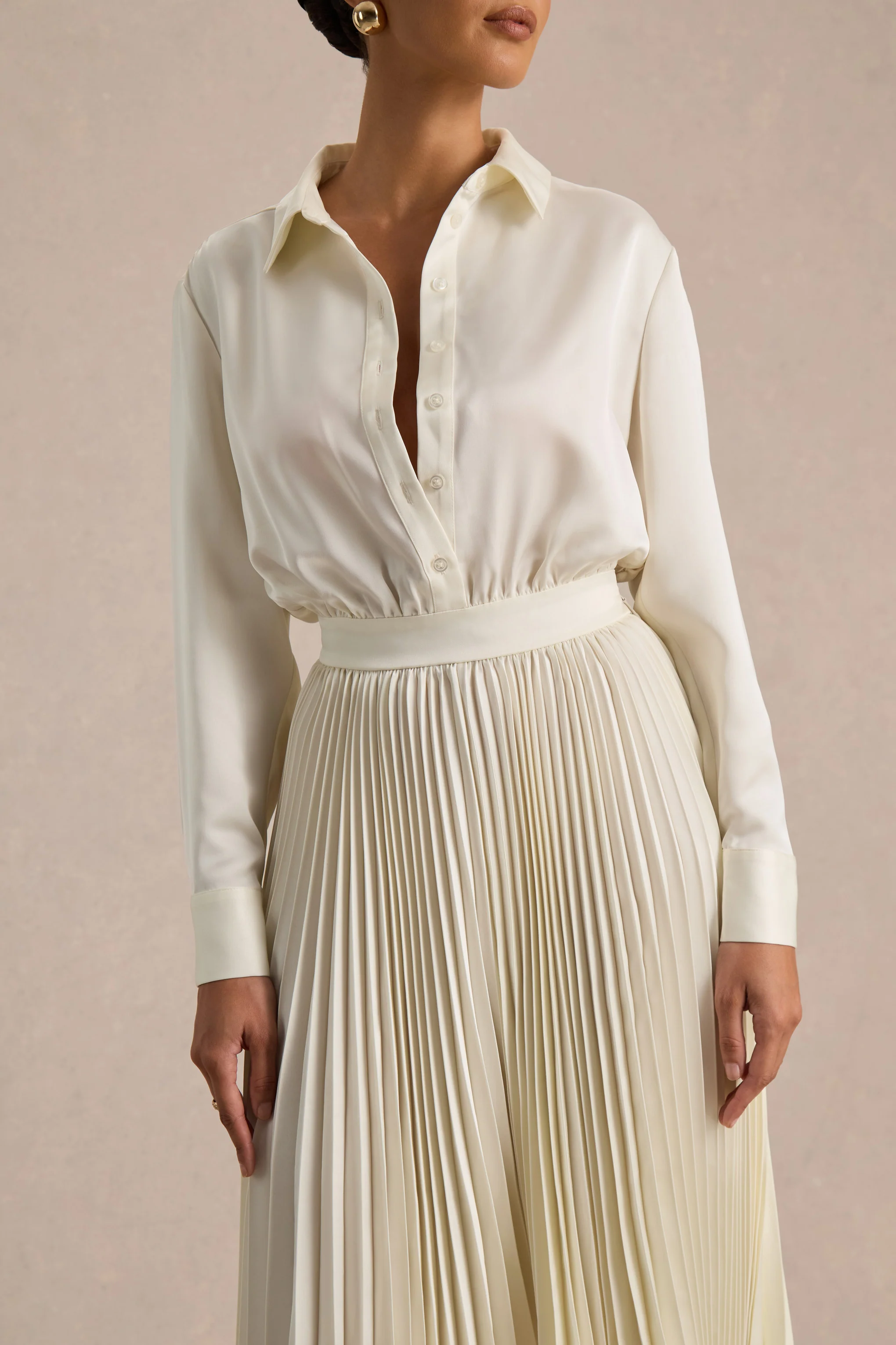Naxos | Cream Satin Shirt Maxi Dress With Pleated Skirt - Image 6