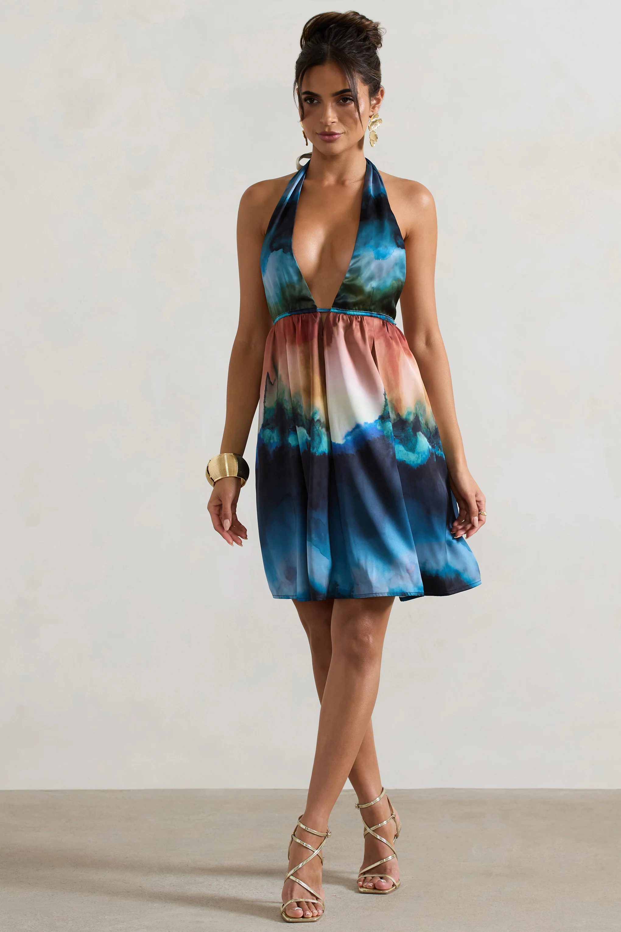 Naxos | Multi Blur Print Plunge-Neck Babydoll Mini Dress - Image 2