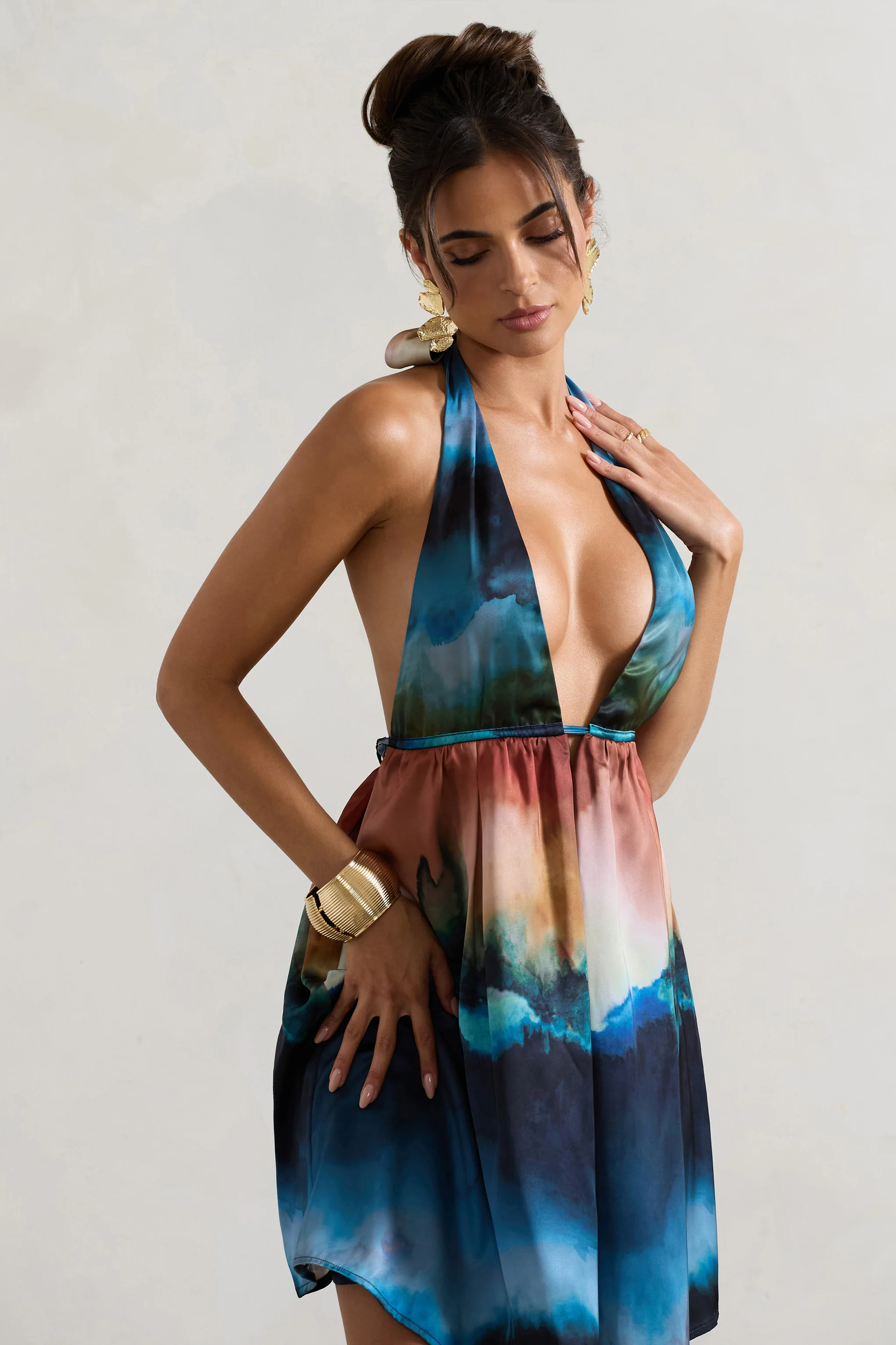 Naxos | Multi Blur Print Plunge-Neck Babydoll Mini Dress - Image 4