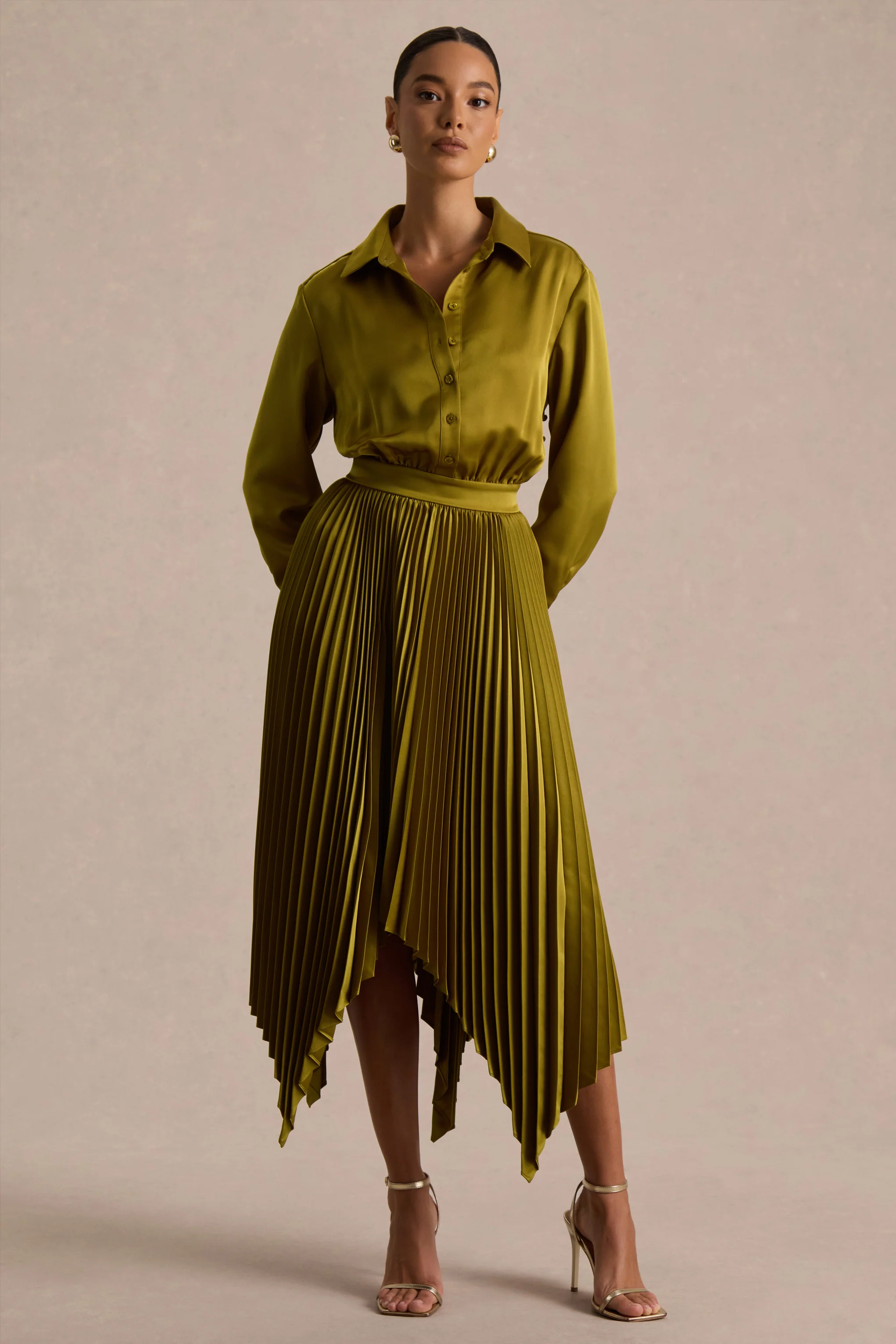 Naxos | Olive Satin Shirt Maxi Dress With Pleated Skirt - Image 3