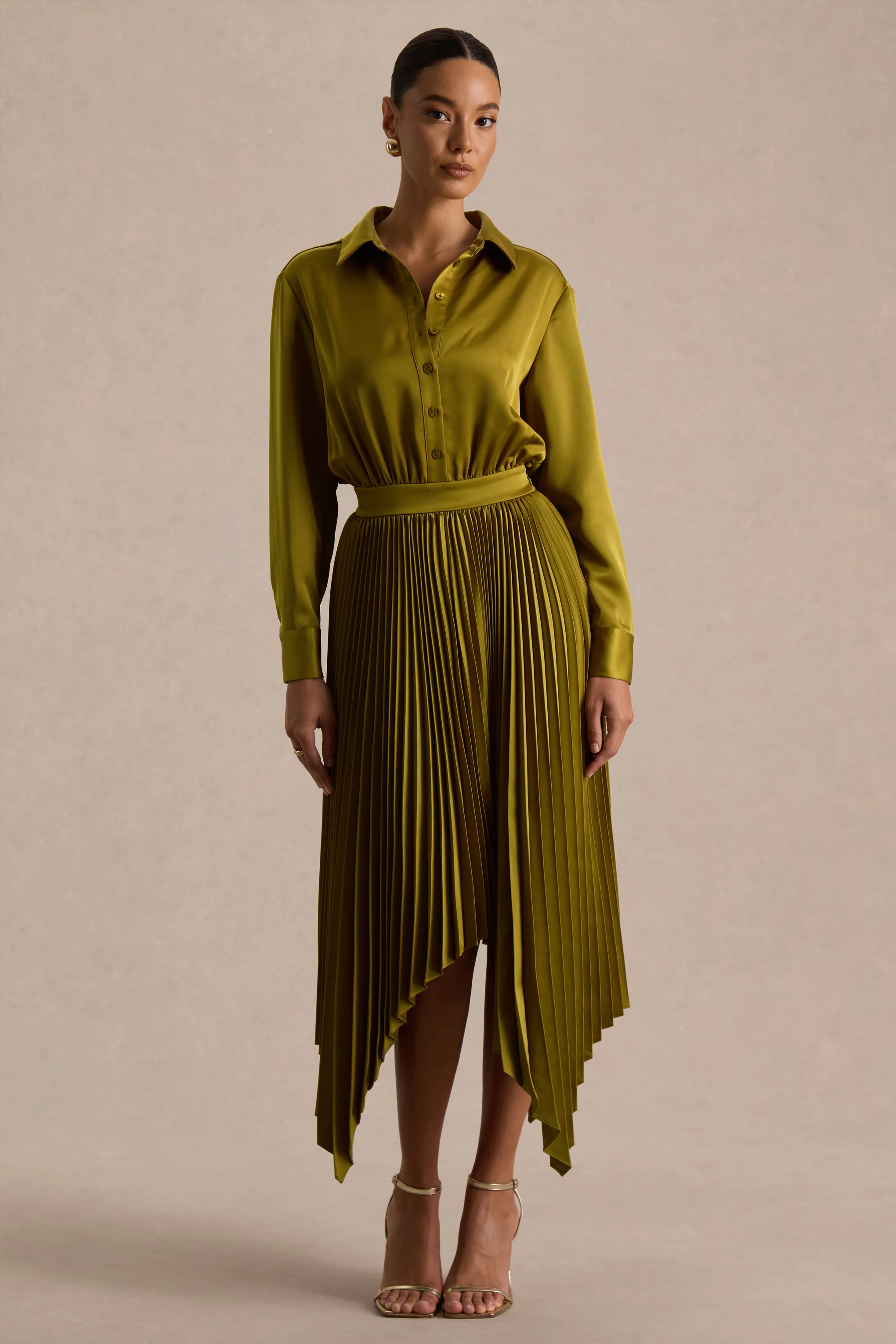 Naxos | Olive Satin Shirt Maxi Dress With Pleated Skirt - Image 5