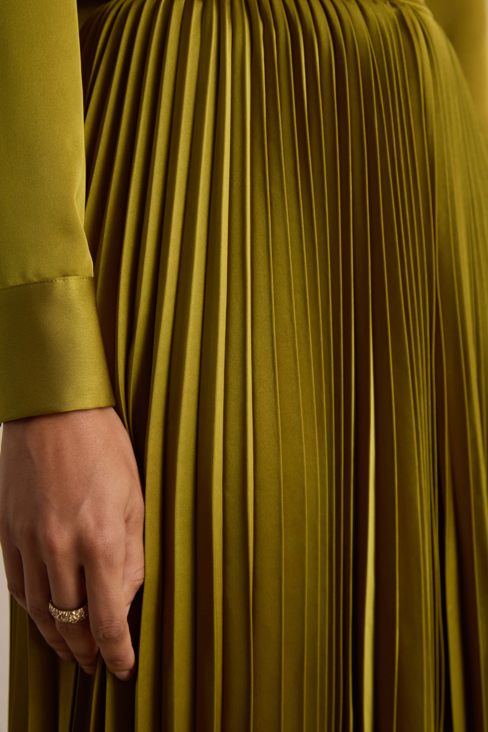 Naxos | Olive Satin Shirt Maxi Dress With Pleated Skirt - Image 6