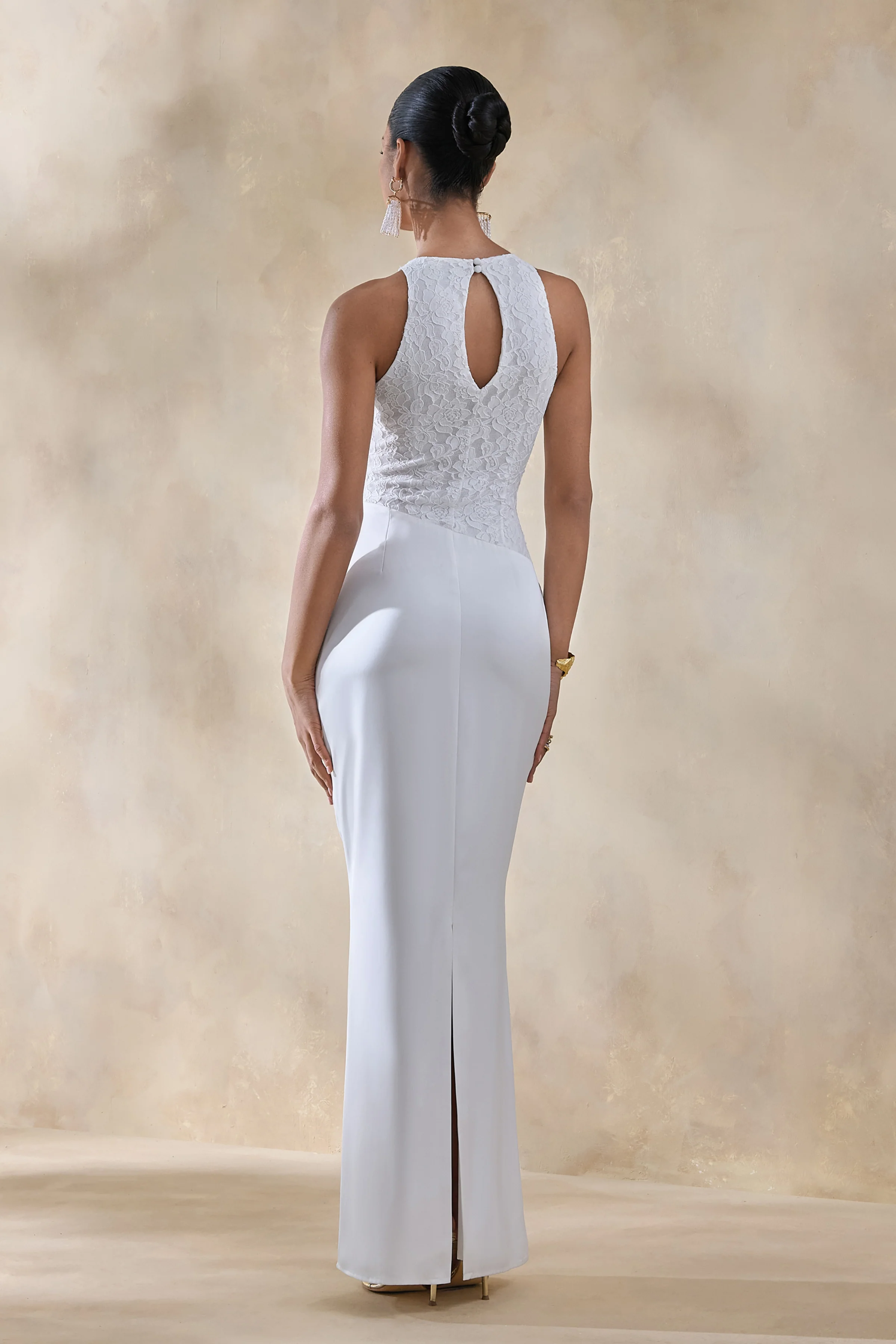 Neria | White Satin And Lace Crew-Neck Maxi Dress With Draped Wrap-Skirt - Image 2