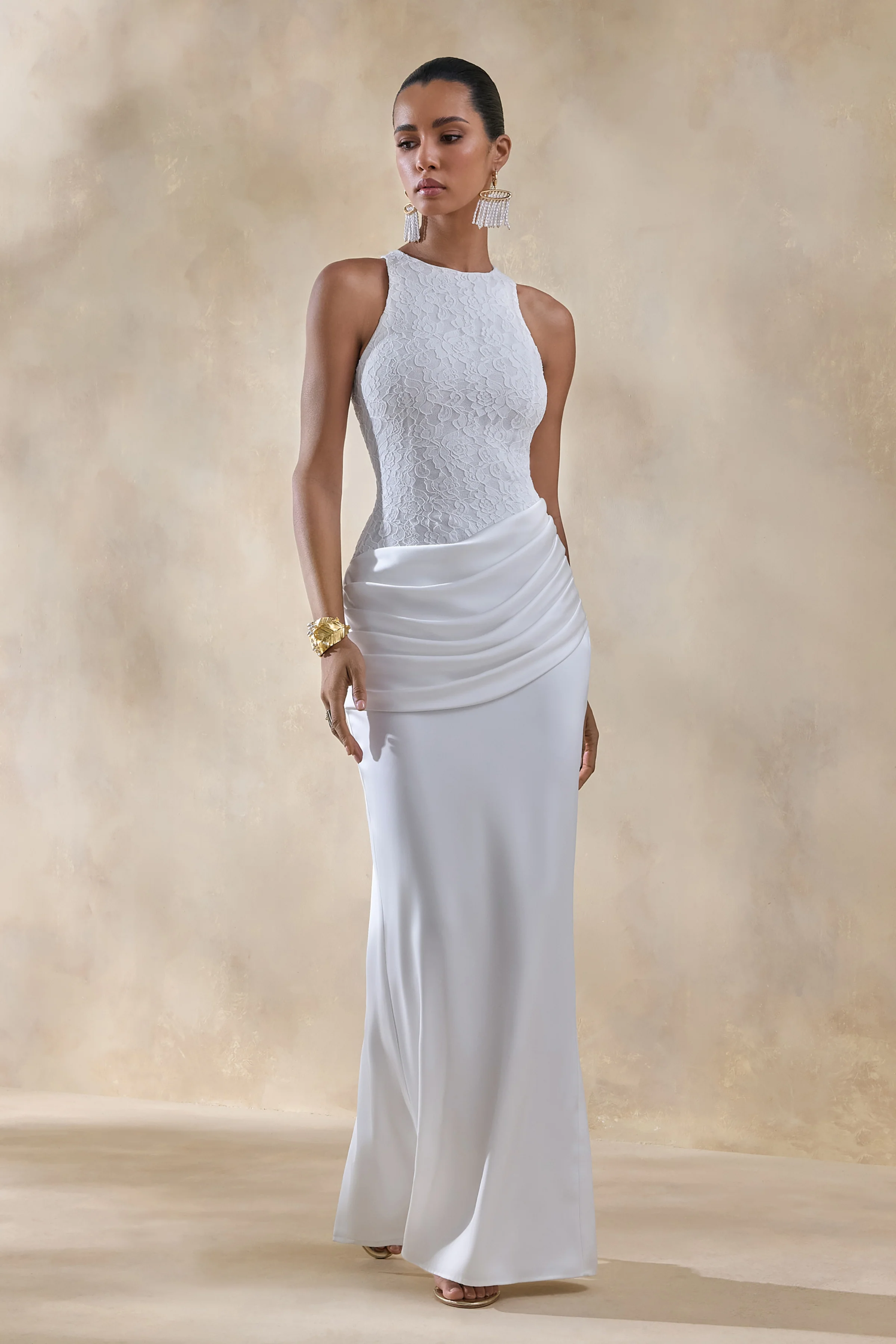 Neria | White Satin And Lace Crew-Neck Maxi Dress With Draped Wrap-Skirt - Image 4