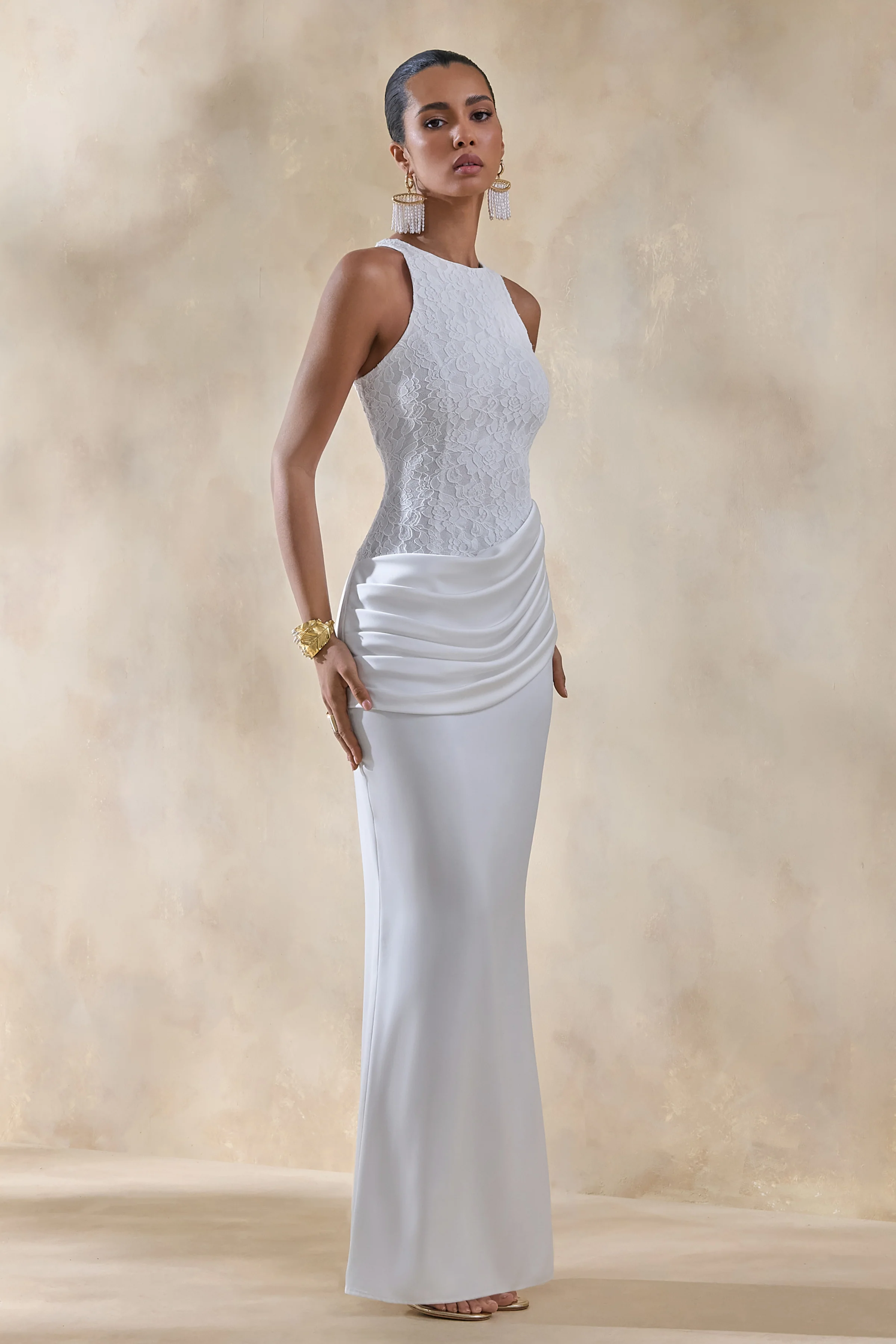 Neria | White Satin And Lace Crew-Neck Maxi Dress With Draped Wrap-Skirt - Image 5