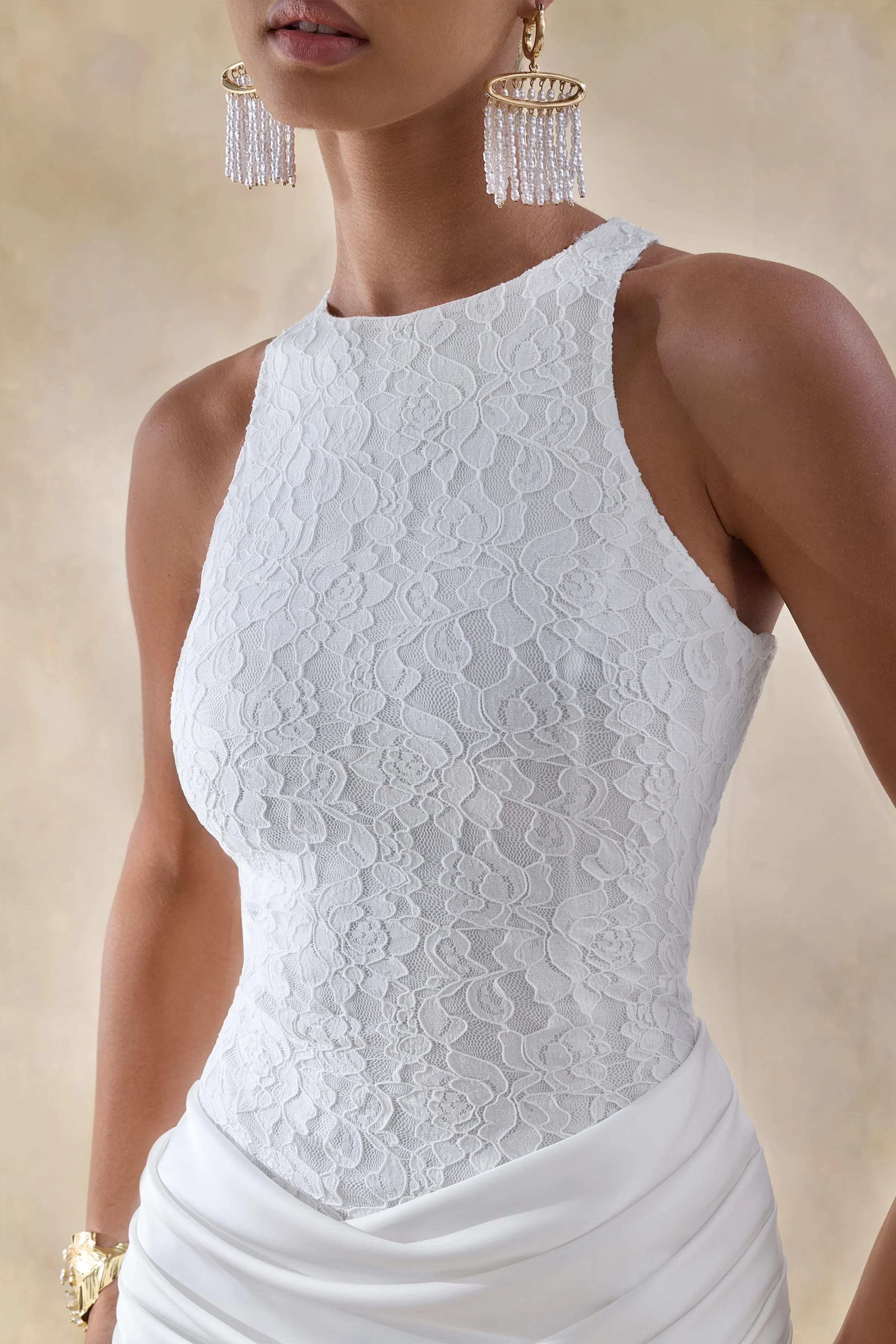 Neria | White Satin And Lace Crew-Neck Maxi Dress With Draped Wrap-Skirt - Image 6