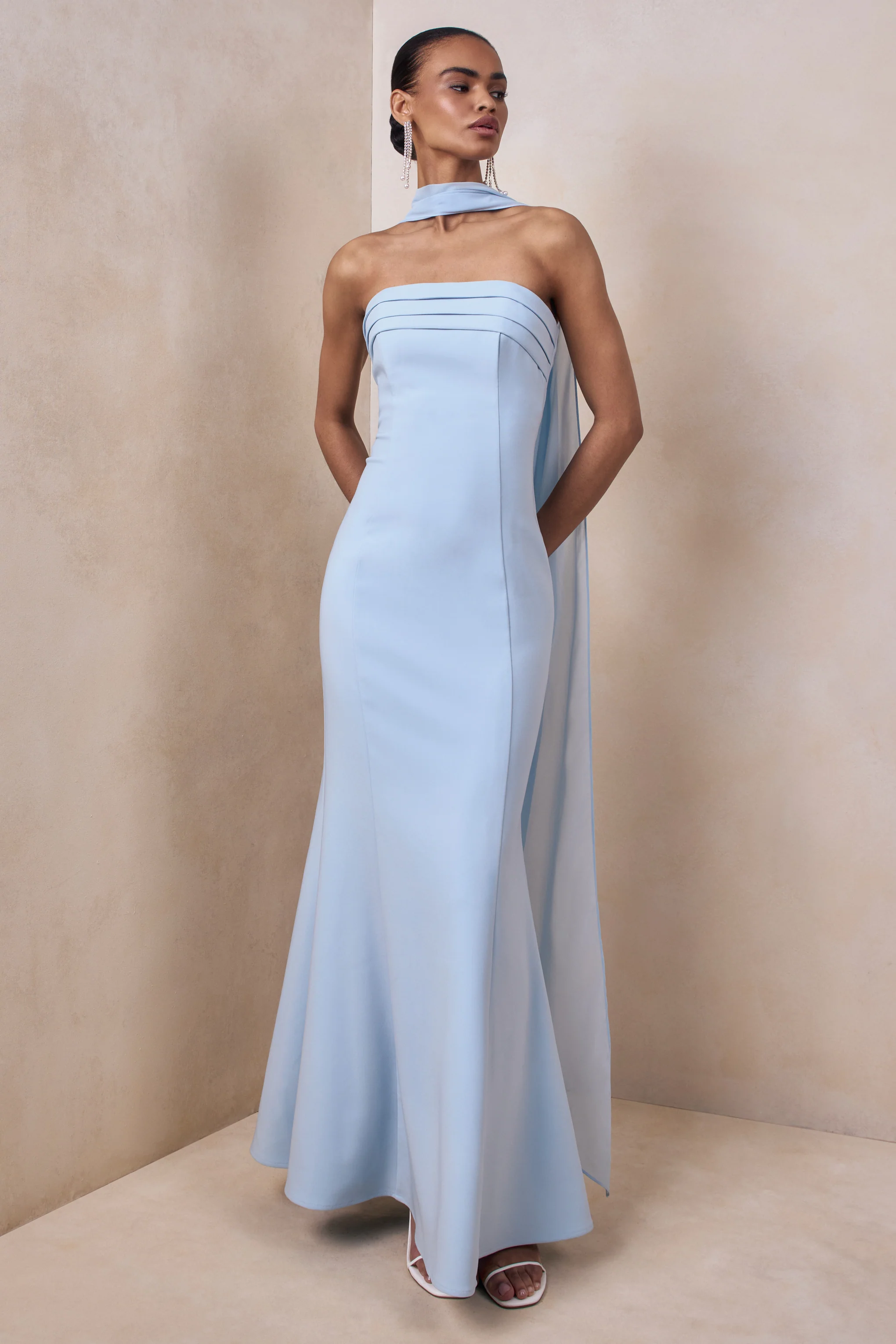 Nerissa | Light Blue Bandeau Maxi Dress With Scarf - Image 5