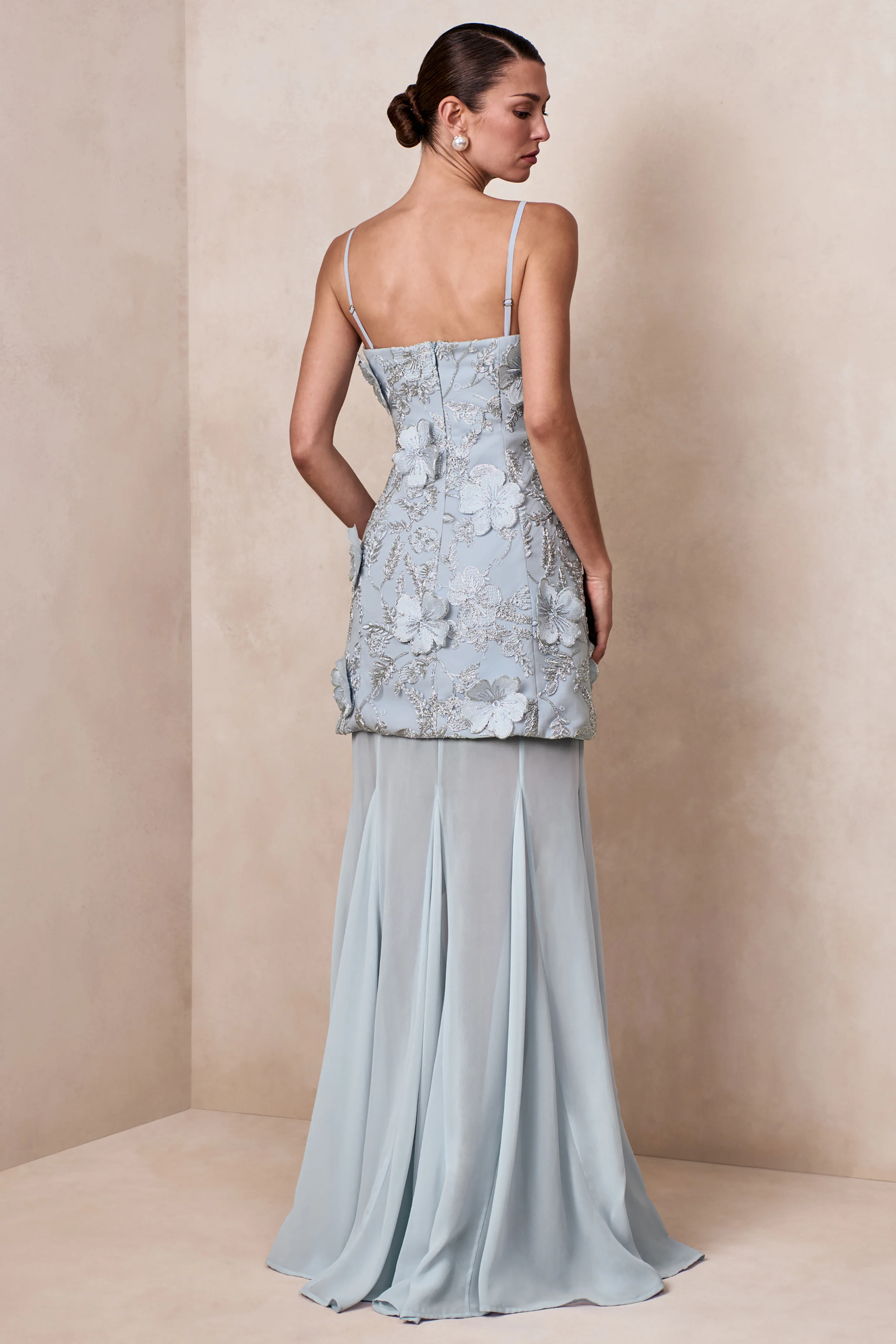Nessa | Light Blue 3D Floral Square-Neck Maxi Dress With Sheer Skirt - Image 3