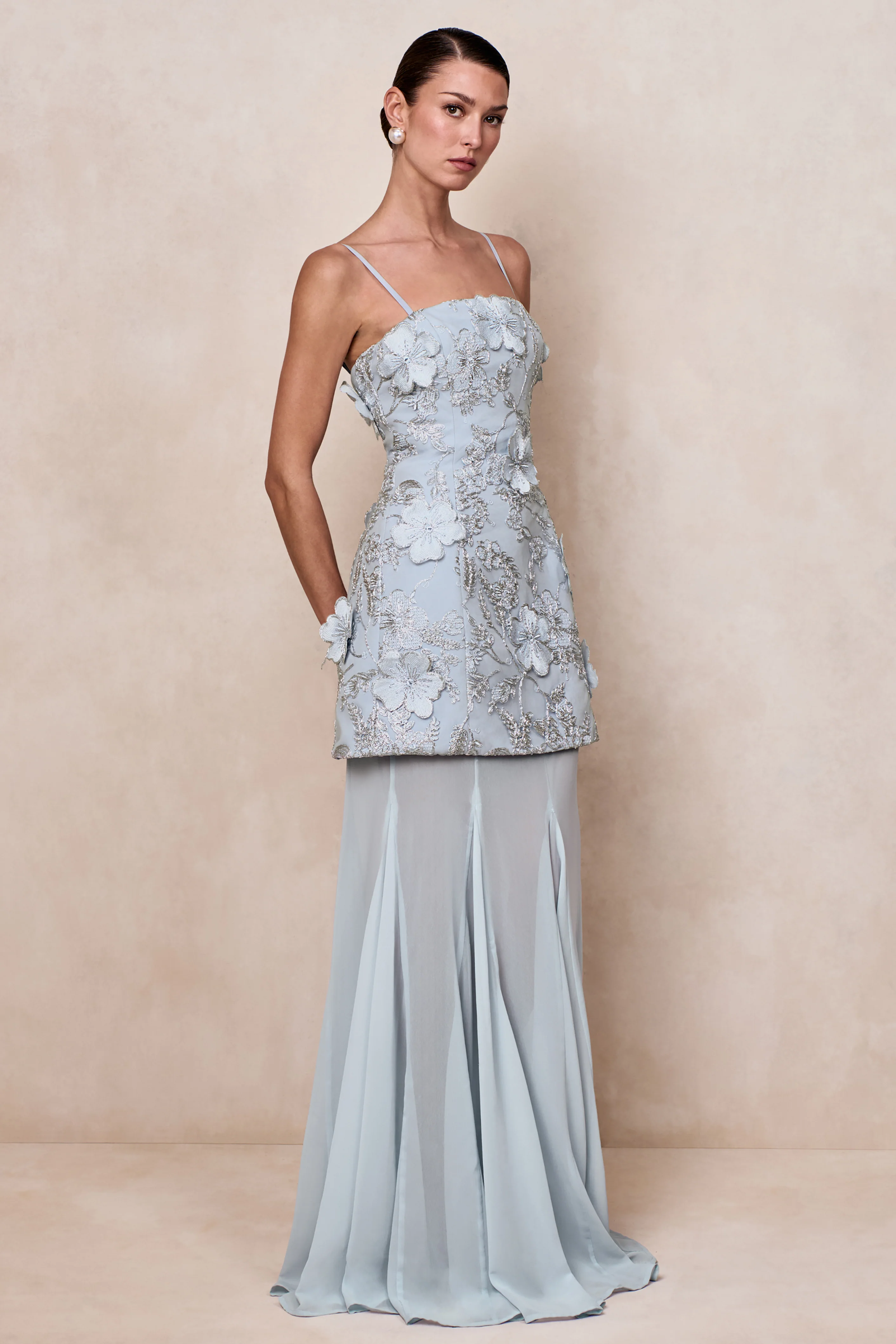 Nessa | Light Blue 3D Floral Square-Neck Maxi Dress With Sheer Skirt - Image 6