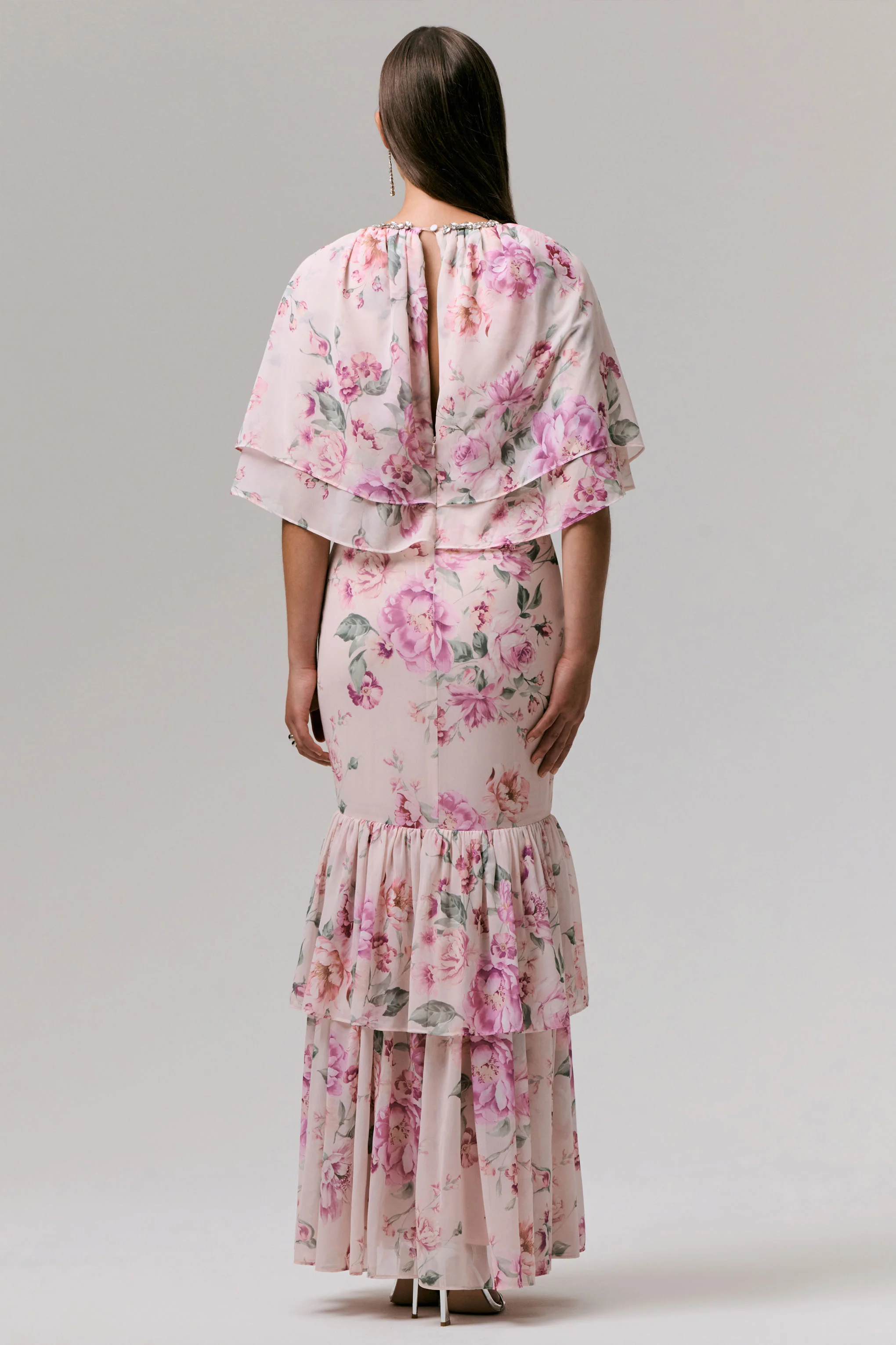 Never Let Go | Pink Floral Print Chiffon Maxi Dress With Tiered Hem - Image 3