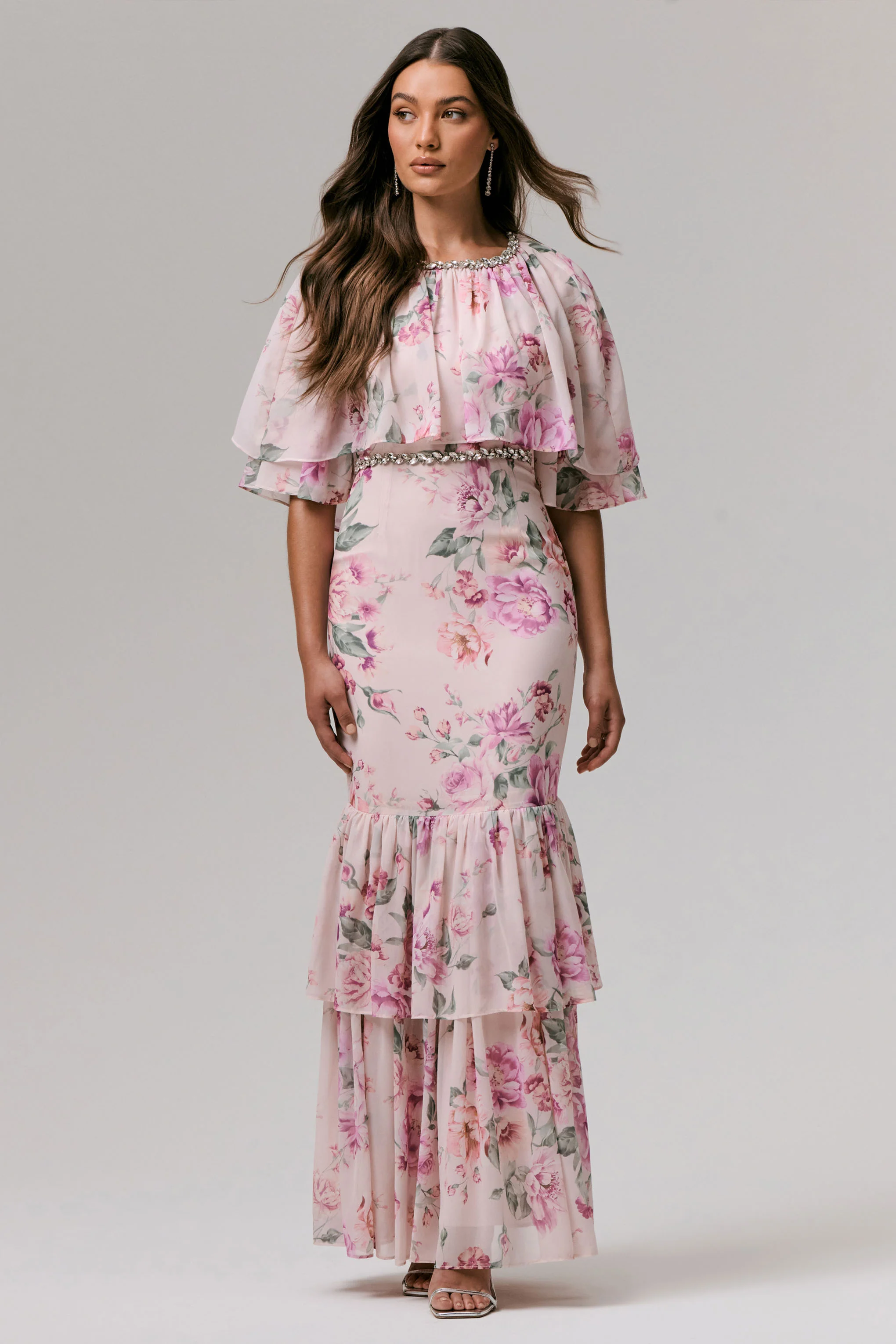 Never Let Go | Pink Floral Print Chiffon Maxi Dress With Tiered Hem - Image 5