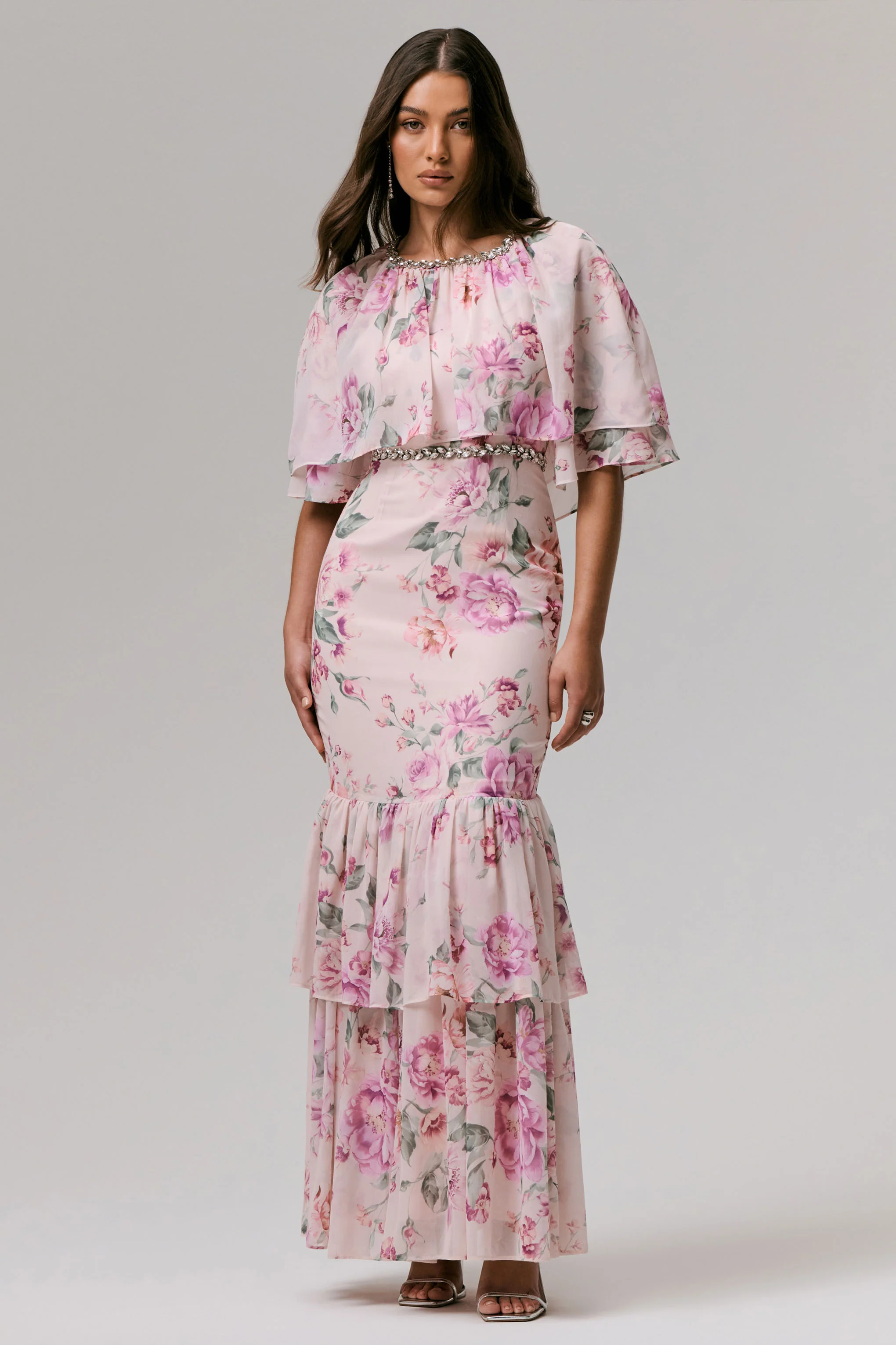Never Let Go | Pink Floral Print Chiffon Maxi Dress With Tiered Hem - Image 7