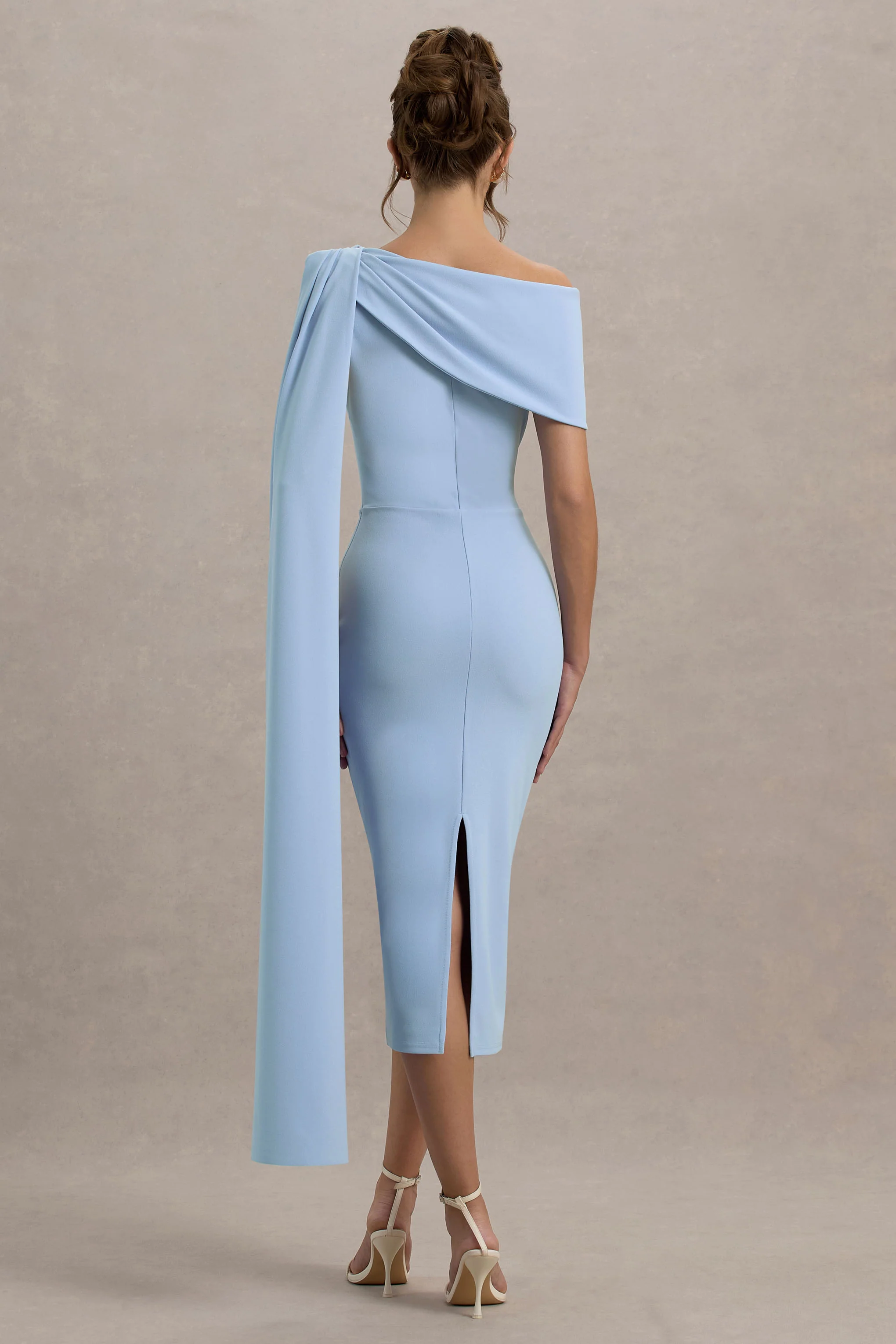 Niamh | Powder Blue Asymmetric Midi Dress With Drape - Image 2