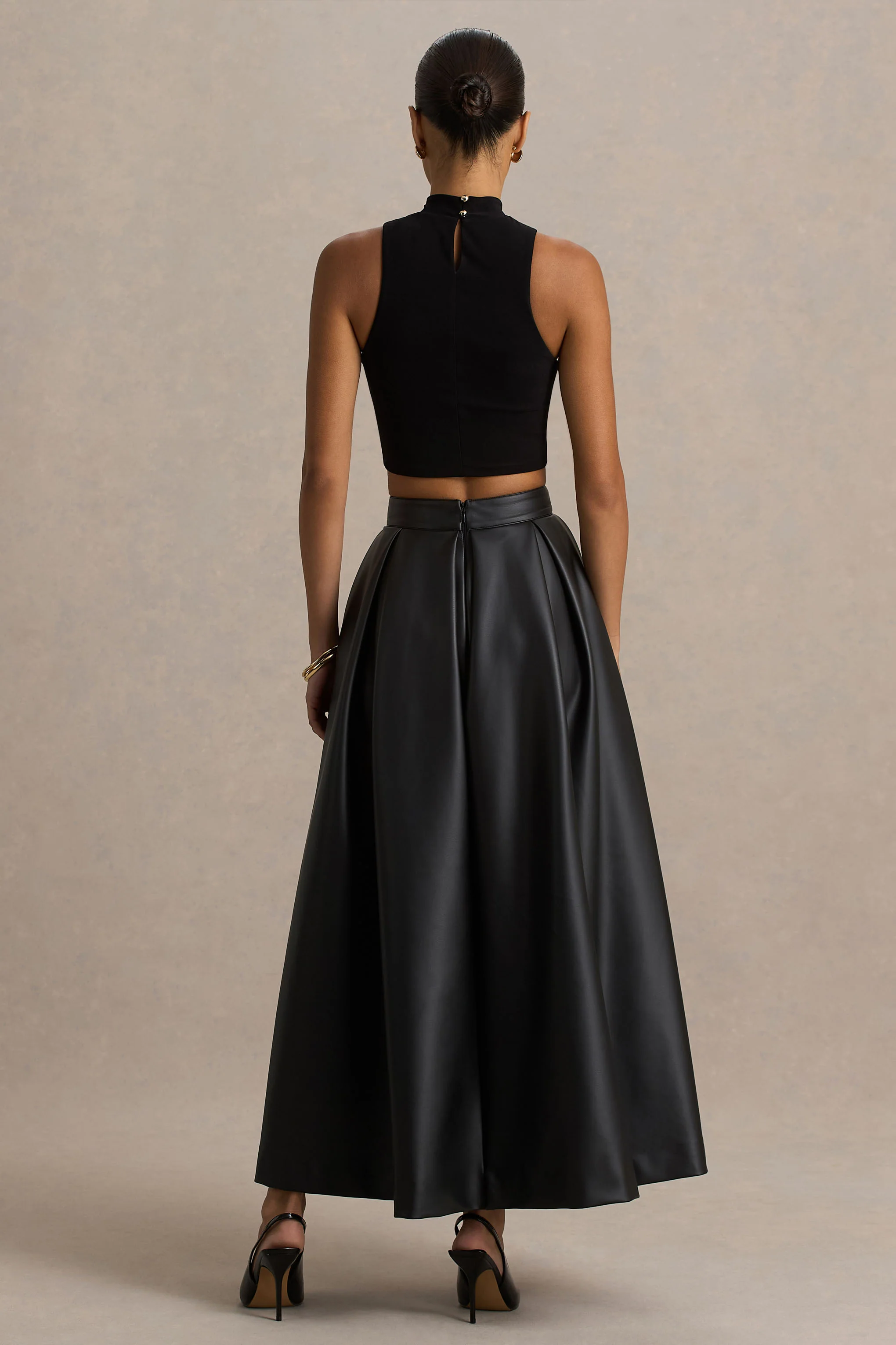 Noa | Black Faux Leather A-Line Midi Skirt - Image 2