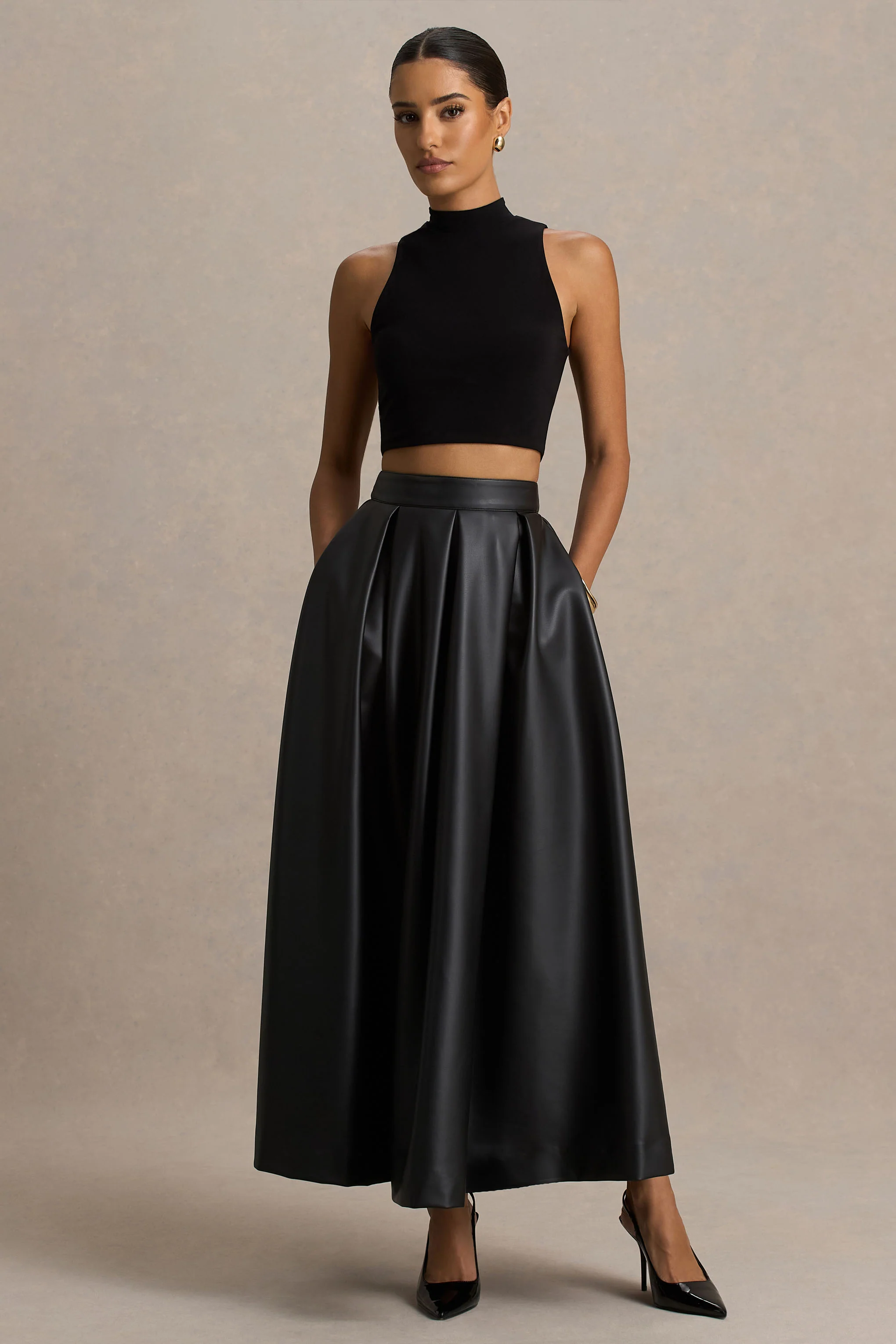 Noa | Black Faux Leather A-Line Midi Skirt - Image 5