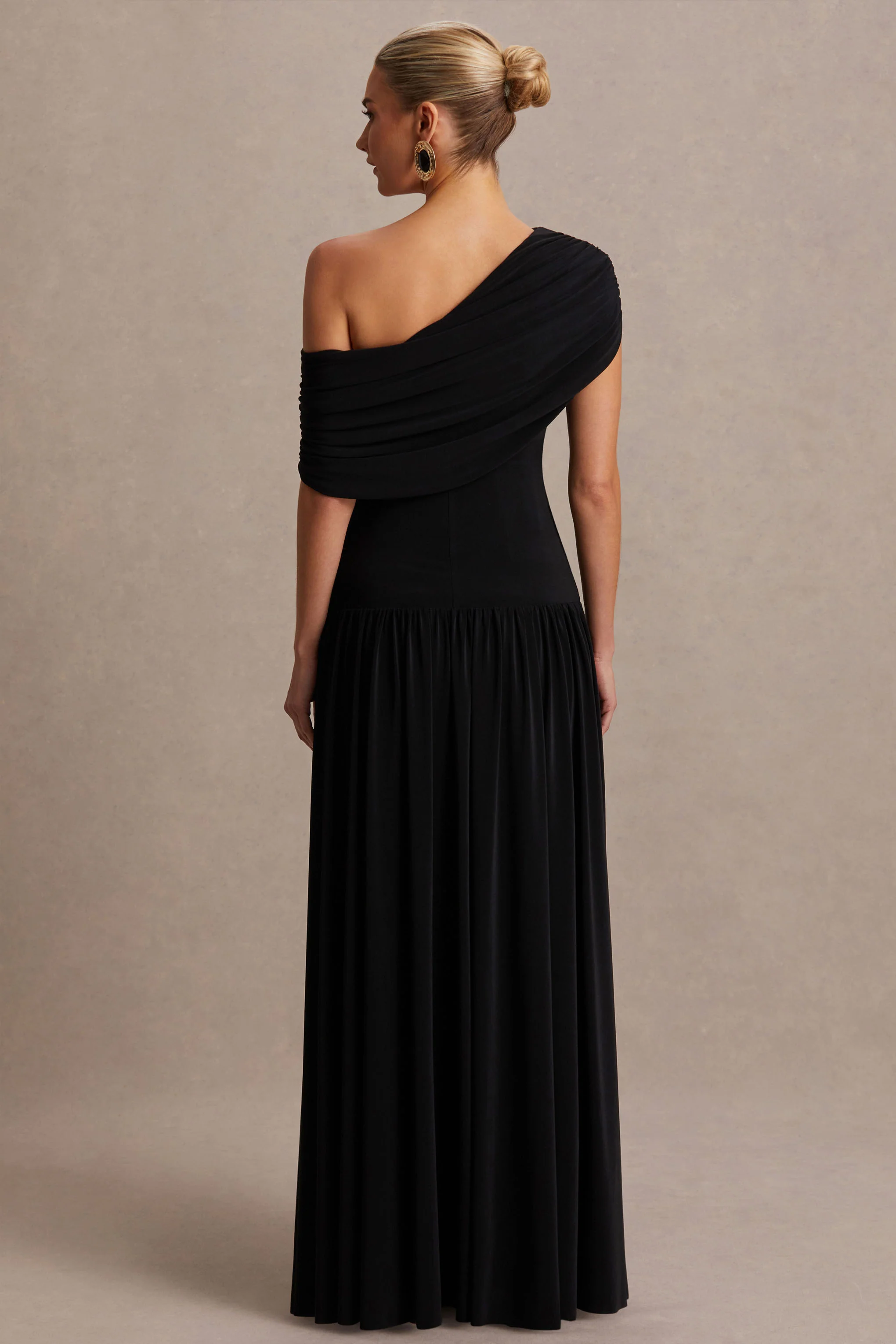 Noah | Black Asymmetric-Neck Maternity Maxi Dress With Drop-Waist - Image 2