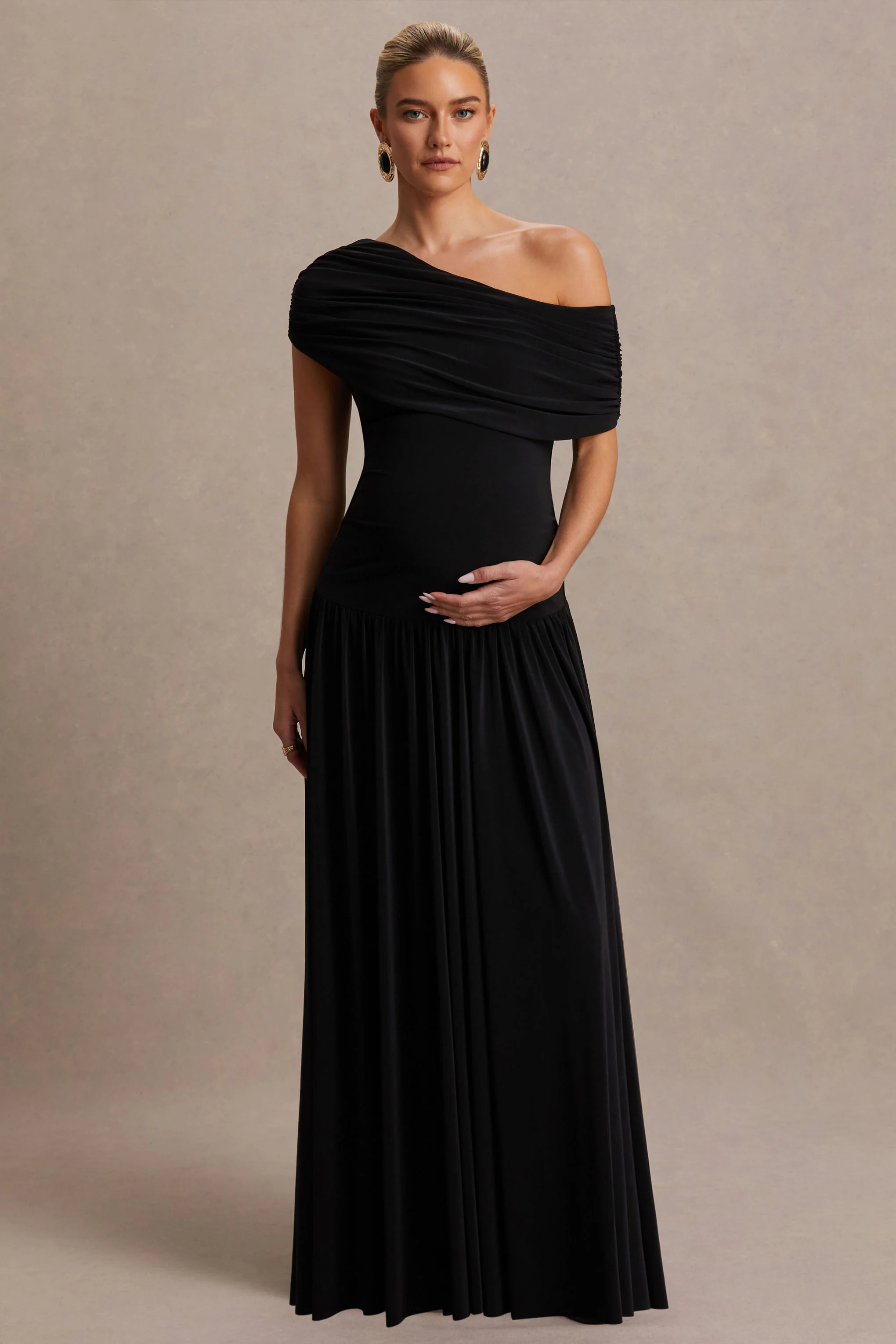 Noah | Black Asymmetric-Neck Maternity Maxi Dress With Drop-Waist - Image 4