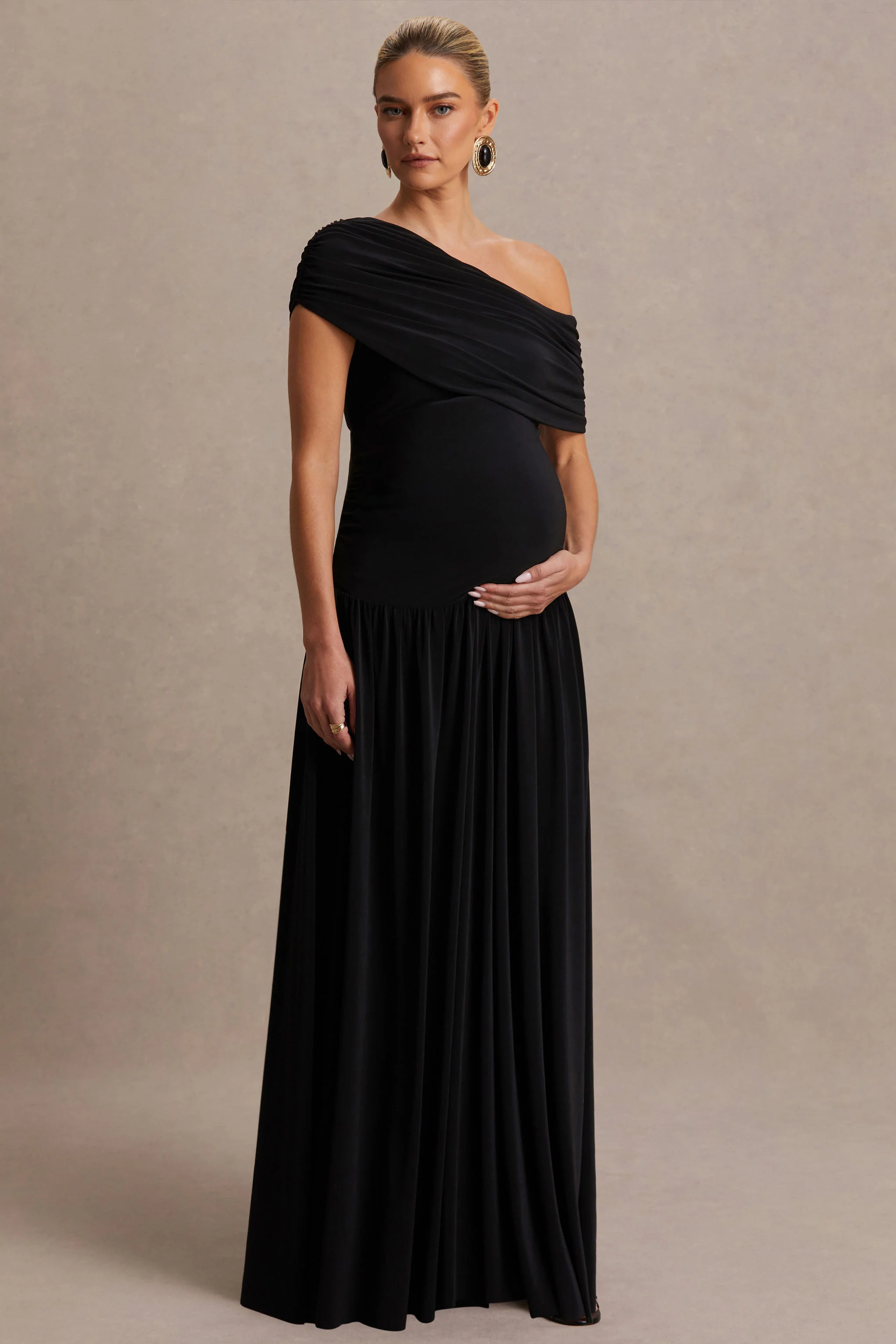 Noah | Black Asymmetric-Neck Maternity Maxi Dress With Drop-Waist - Image 5