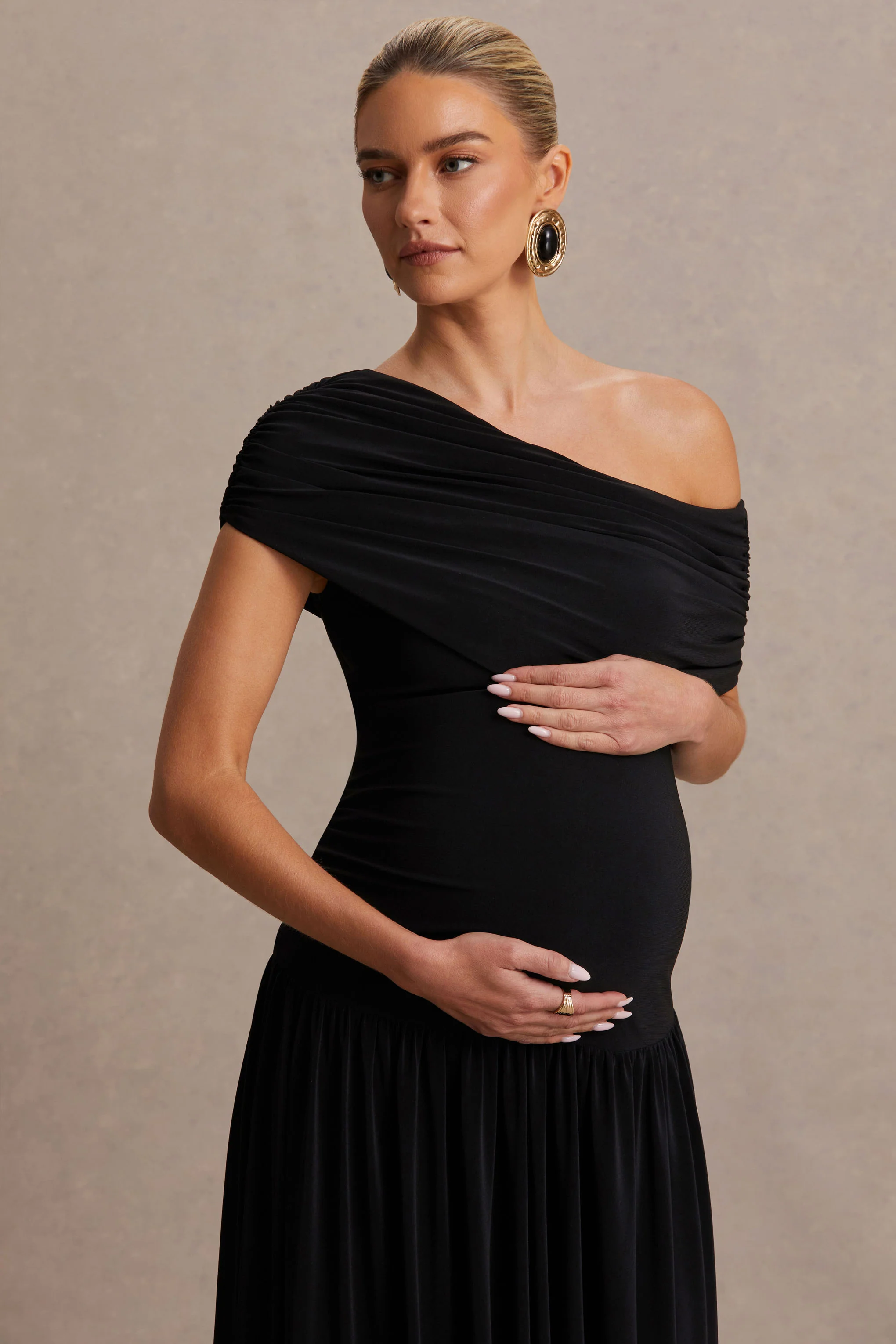 Noah | Black Asymmetric-Neck Maternity Maxi Dress With Drop-Waist - Image 6