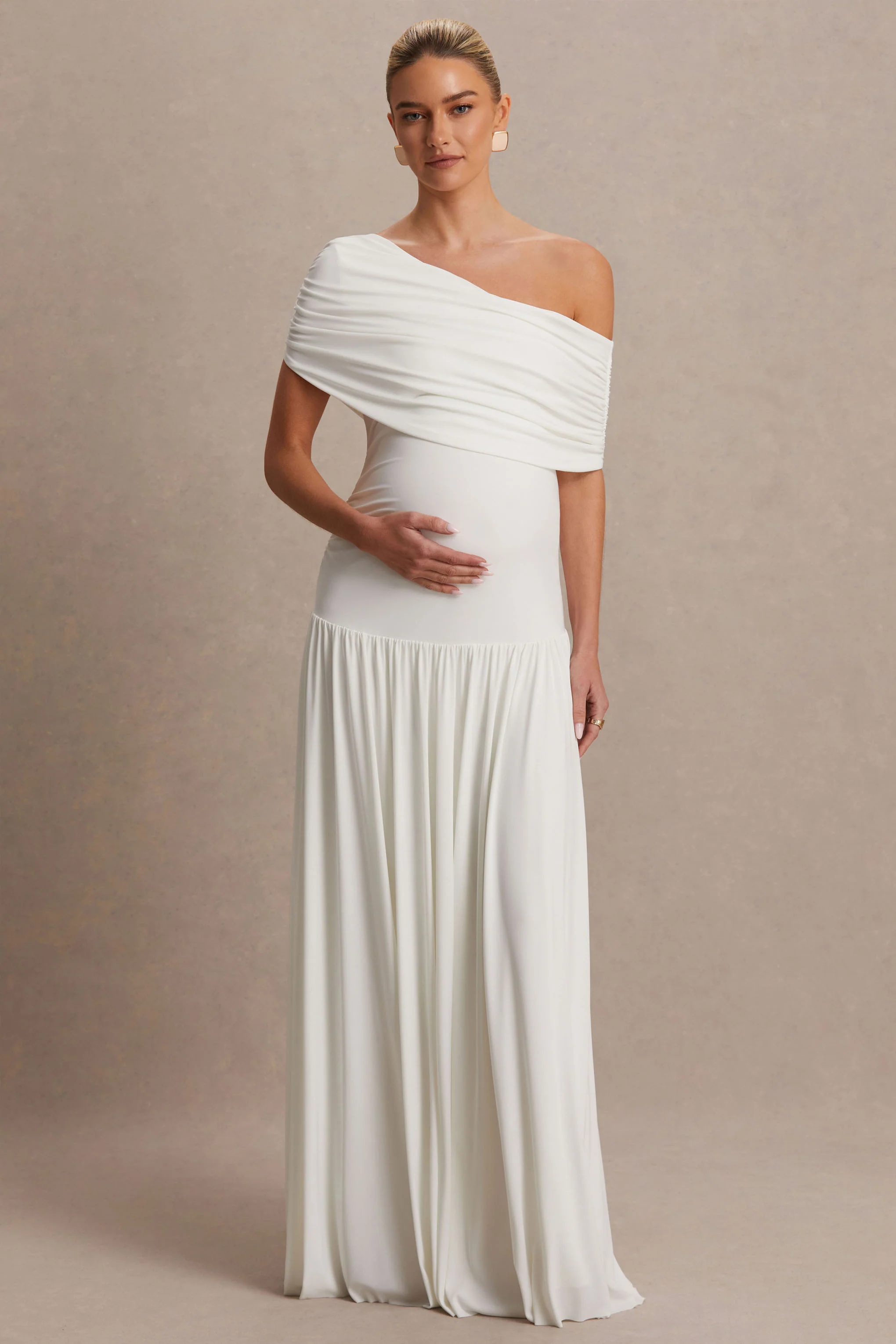 Noah | White Asymmetric-Neck Maternity Maxi Dress With Drop-Waist - Image 4
