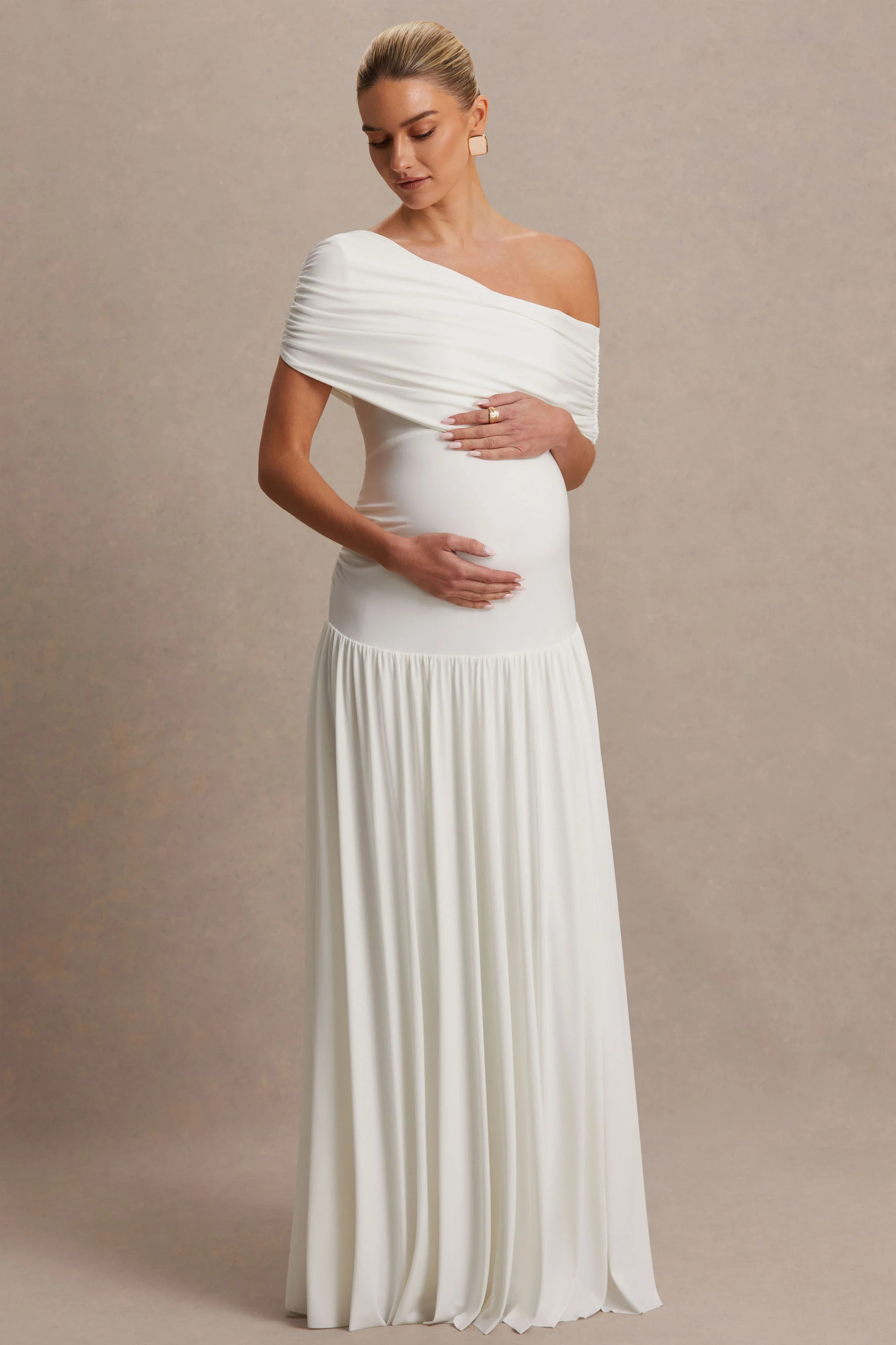 Noah | White Asymmetric-Neck Maternity Maxi Dress With Drop-Waist - Image 5